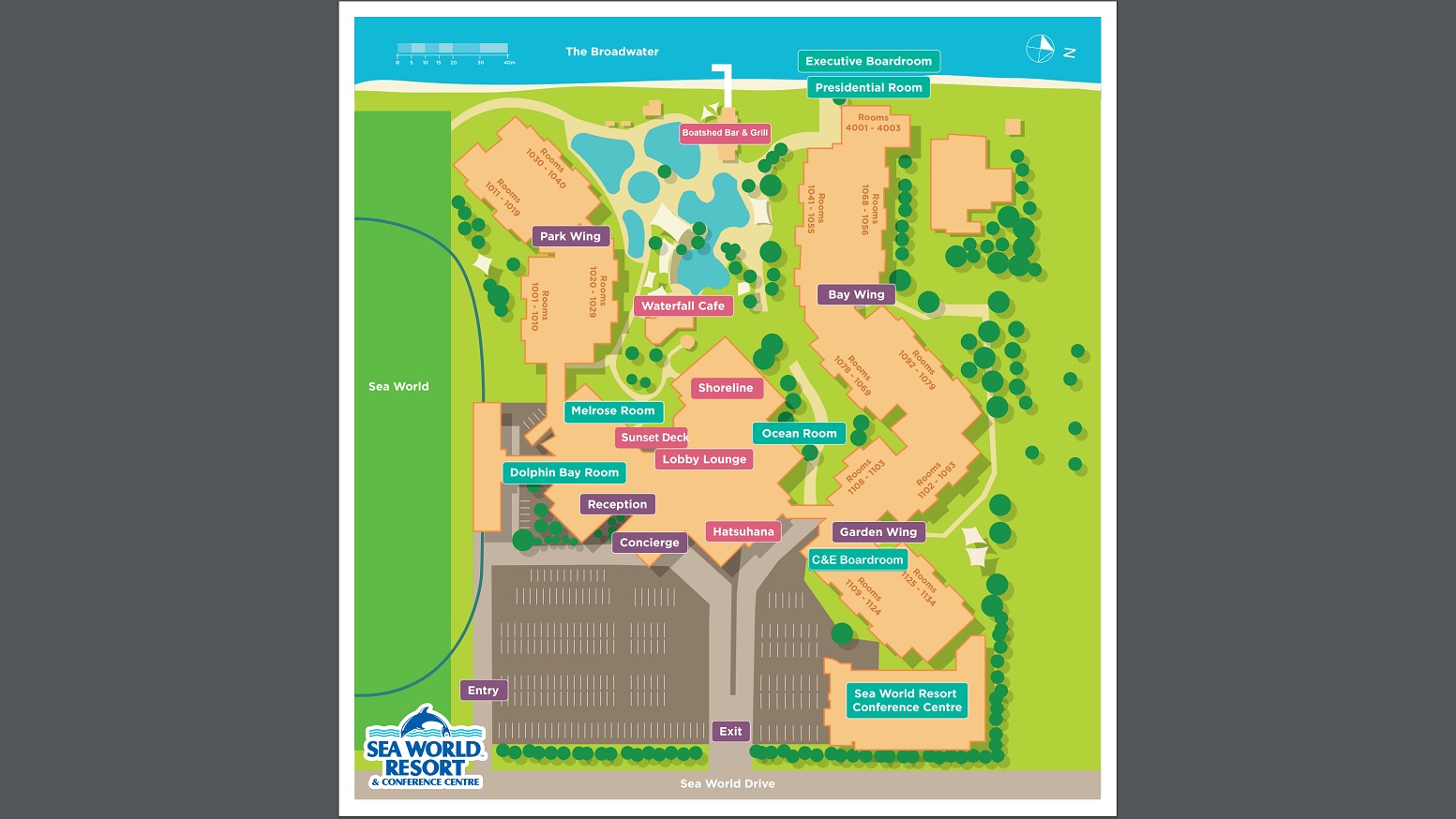 The Sea World Resort and Conference Centre Map showcasing all areas of the resort and conference area.  The grounds are a bright green and buildings in a light brown.  The carpark area is represented in a dark brown and the pool areas are in blue.