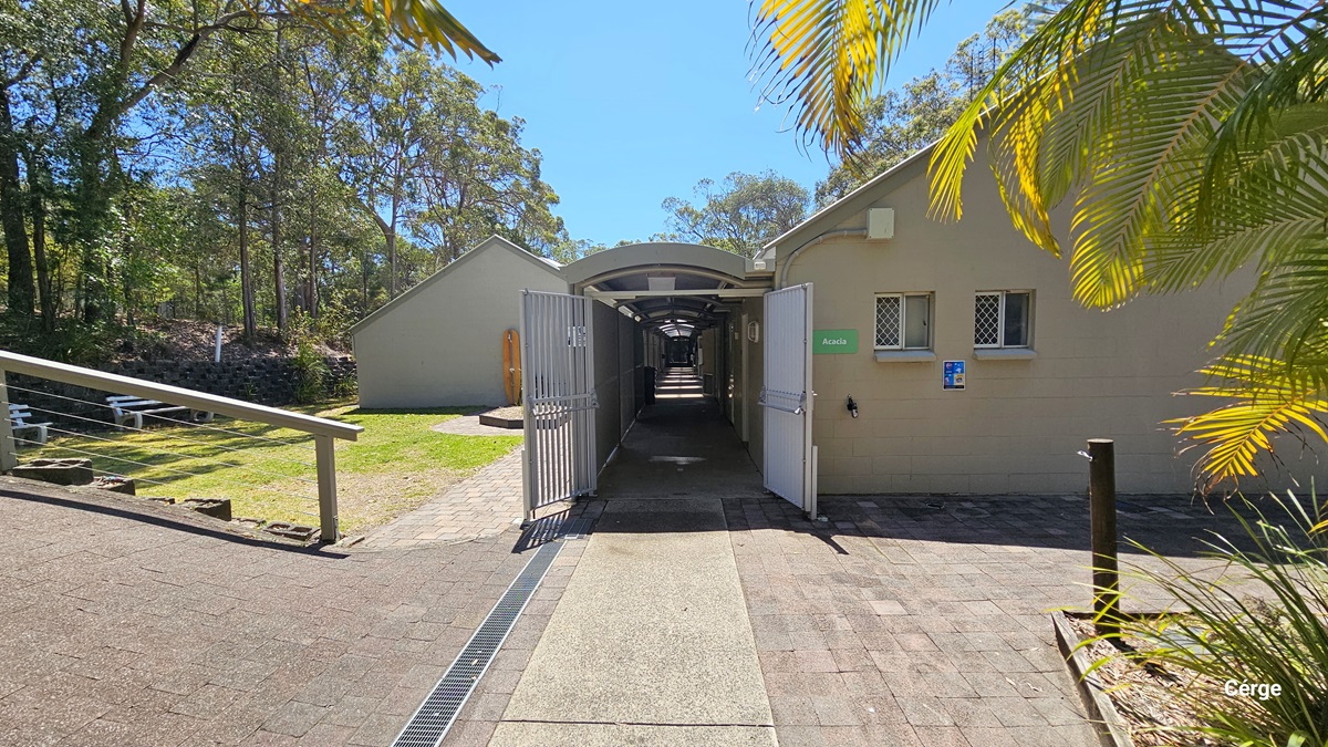 In the middle is a low-rise building with pitched roofing and two small windows. A dome-shaped shade is affixed to the building, covering the gated corridor. To the left is an area with a slight slope, equipped with handrails. Bench seating is positioned under the shade of huge trees, with palm trees and ornamental plants visible on the right.