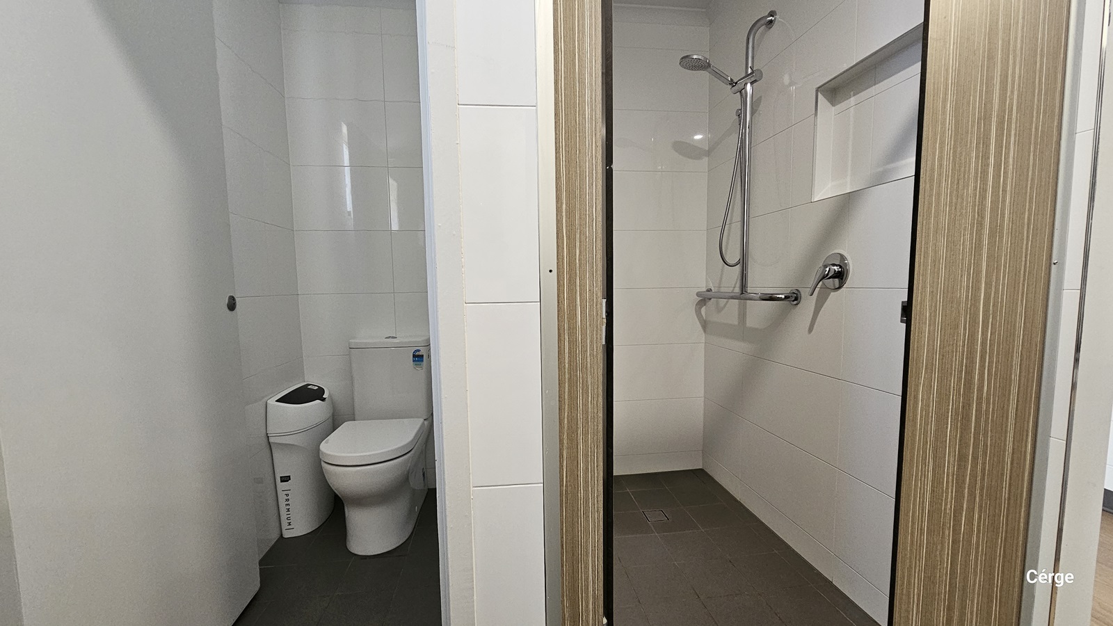 To the left is a toilet bowl and a rubbish bin. To the right is a shower mounted to the wall, equipped with a hand grab. A wall separates the toilet from the shower area. A sliding door with a wooden design secures the area. The floor has grey tiles, and the wall has white tiles.