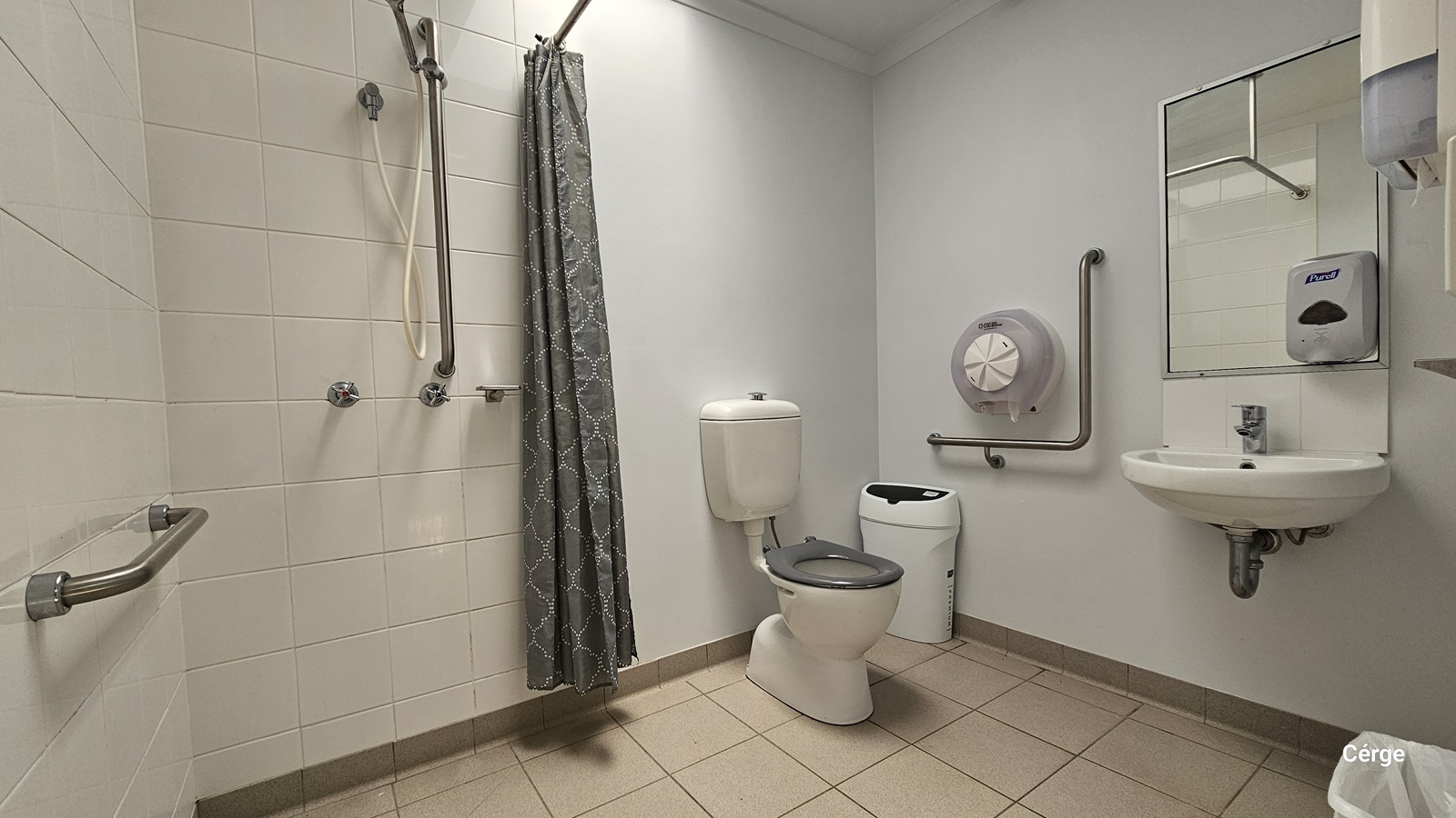 Inside the accessible toilet, a toilet bowl is positioned in the corner, with a rubbish bin beside it. To the left is a shower with a shower curtain and a hand grab affixed to the wall. To the right is a wash basin, a mirror, a liquid soap dispenser, and a tissue dispenser mounted to the wall. The ceiling and walls are all white, and the floor has cream tiles.