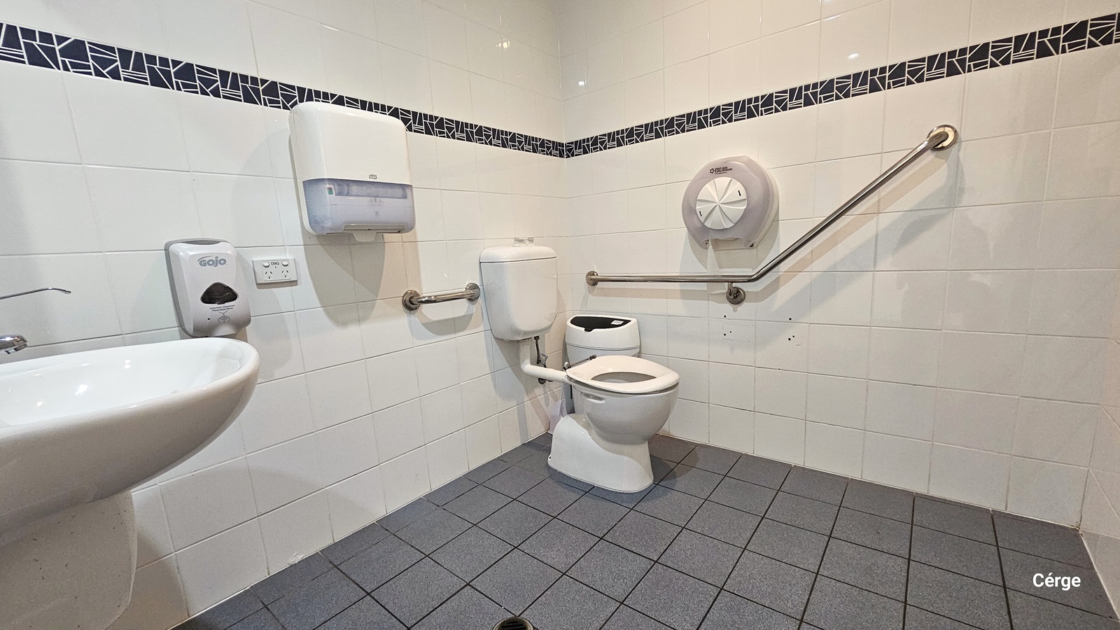 Inside the accessible toilet, a wash basin is mounted to the wall on the left, along with a soap and tissue dispenser. In the corner is a toilet bowl, a rubbish bin, and stainless hand grabs. The wall has white tiles with black printed accents, and the floor has grey tiles.