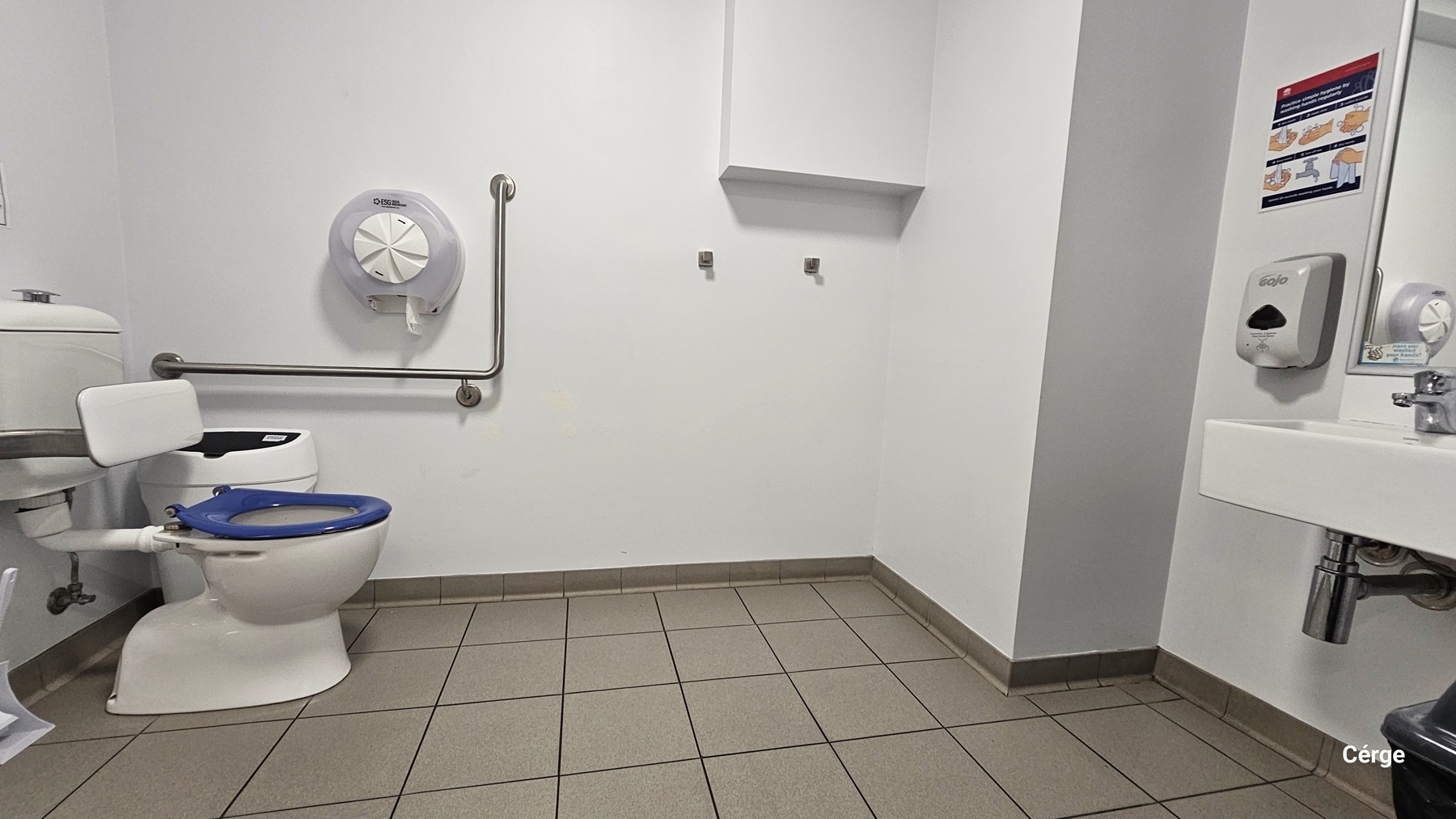 An accessible toilet featuring a wash basin on the right. Paper towel and soap dispensers are mounted to the wall, along with a sign. A black rubbish bin is placed under the wash basin. In the left corner is a toilet bowl with a blue seat cover, a rubbish bin, and grab bars. The wall is all white, and the floor has grey tiles.