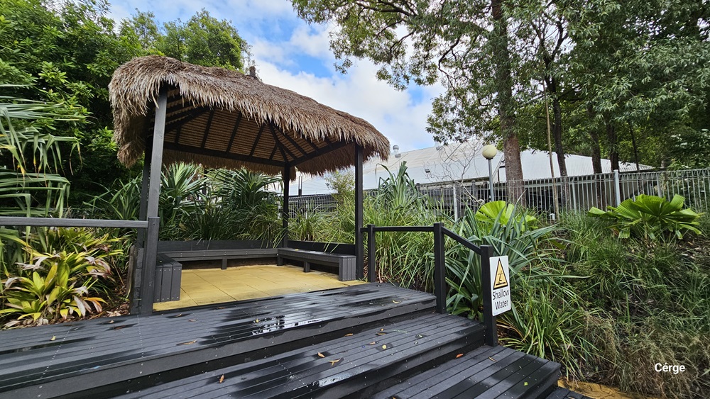 A thatched-roof gazebo is on the left, surrounded by lush green plants. The gazebo has wooden benches and a tiled floor. On the right, there is dense foliage and a metal fence with a warning sign about slippery surfaces. The background features tall trees and a building with a grey roof. The foreground consists of black wooden steps leading up to the gazebo.