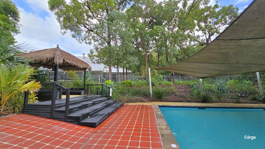 On the left, there is a thatched-roof gazebo with black steps leading up to it, surrounded by lush green plants. In the middle, there is a red-tiled area adjacent to the gazebo. On the right, there is a swimming pool with a beige-shade sail overhead. The background features a variety of tall trees and a metal fence. The floor consists of red tiles near the gazebo and a concrete border around the pool.