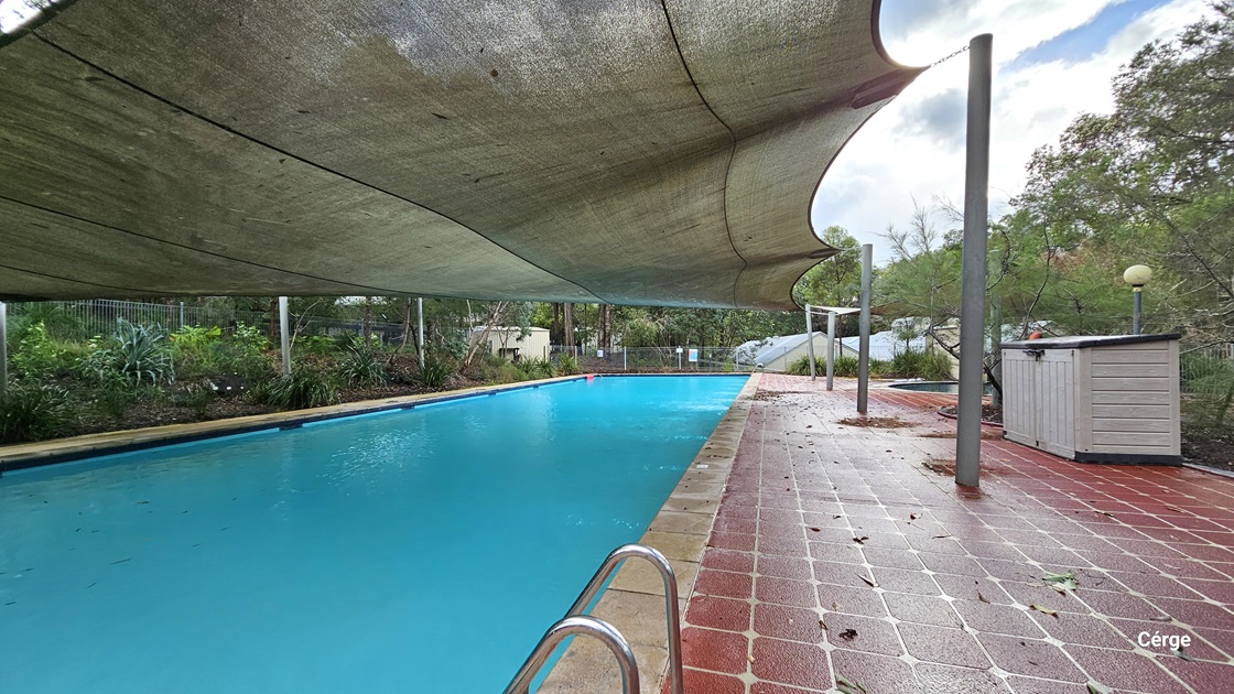 A rectangular swimming pool with clear blue water is on the left. On the right, there is a red-tiled poolside area with a metal handrail leading into the pool. In the middle, a large, curved shade cloth stretches over the pool, supported by metal poles. The background features lush green trees and vegetation. The foreground includes part of the pool's edge and the tiled area. The floor is red-tiled.
