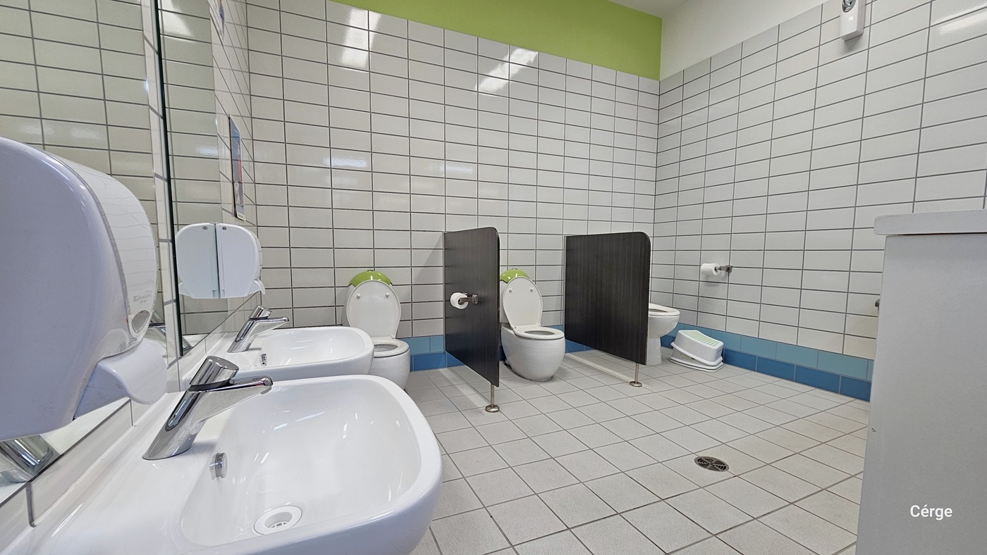 In the bathroom, there are white tiles covering the entire space, including the walls, with subtle blue and green accents. To the left, there are two washbasins, along with tissue and liquid soap dispensers. In the central section, three toilet bowls are arranged against the wall, separated by brown fiberglass partitions. Additional tissue dispensers are also provided. The area is well-illuminated.