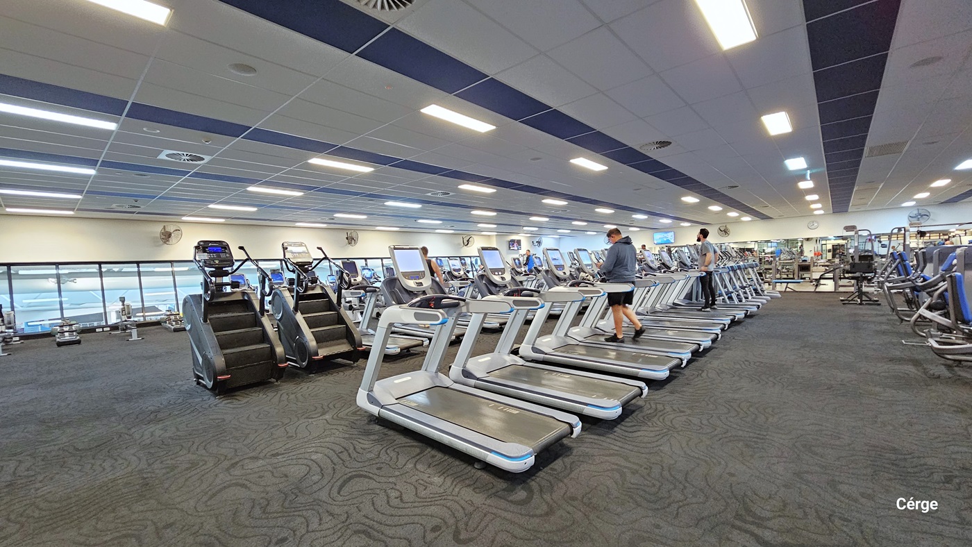 AquaPulse Gymnasium features rows of various fitness equipment like treadmills, rowing machines, and stair climbers. Additional exercise equipment is visible further to the left, with a glass wall on the left side. Several people are using treadmills. The area features grey carpeting, and the white ceiling is equipped with centralized air conditioning and fluorescent lights.