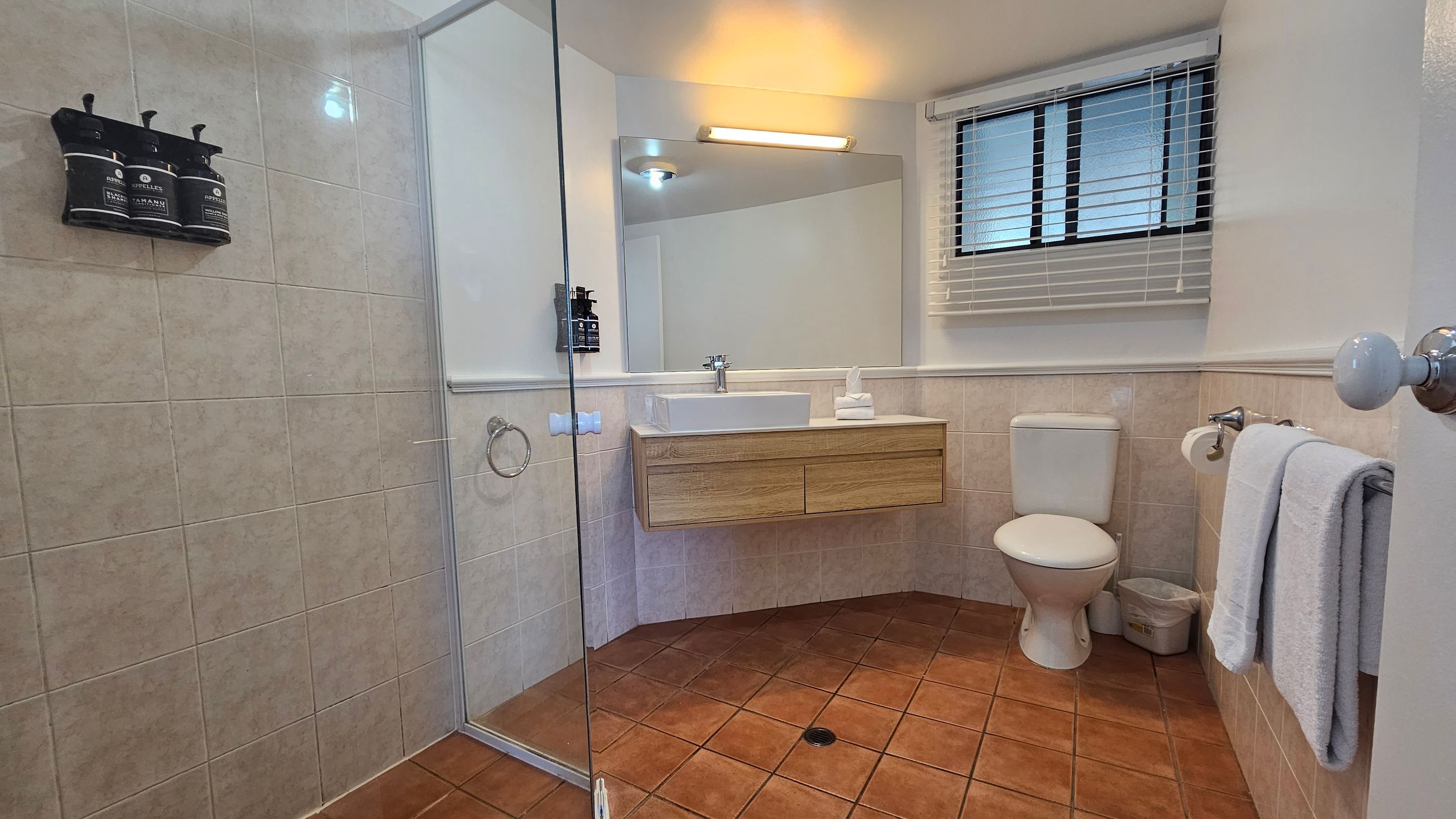 A bathroom with terracotta floor tiles and beige wall tiles. On the left, a glass shower enclosure with mounted dispensers. In the centre, a wooden vanity with a white basin, a mirror above, and a light fixture. On the right, a toilet with a small bin beside it, and a towel rail with folded towels. A window with white blinds is above the toilet. The ceiling is white with recessed lighting.