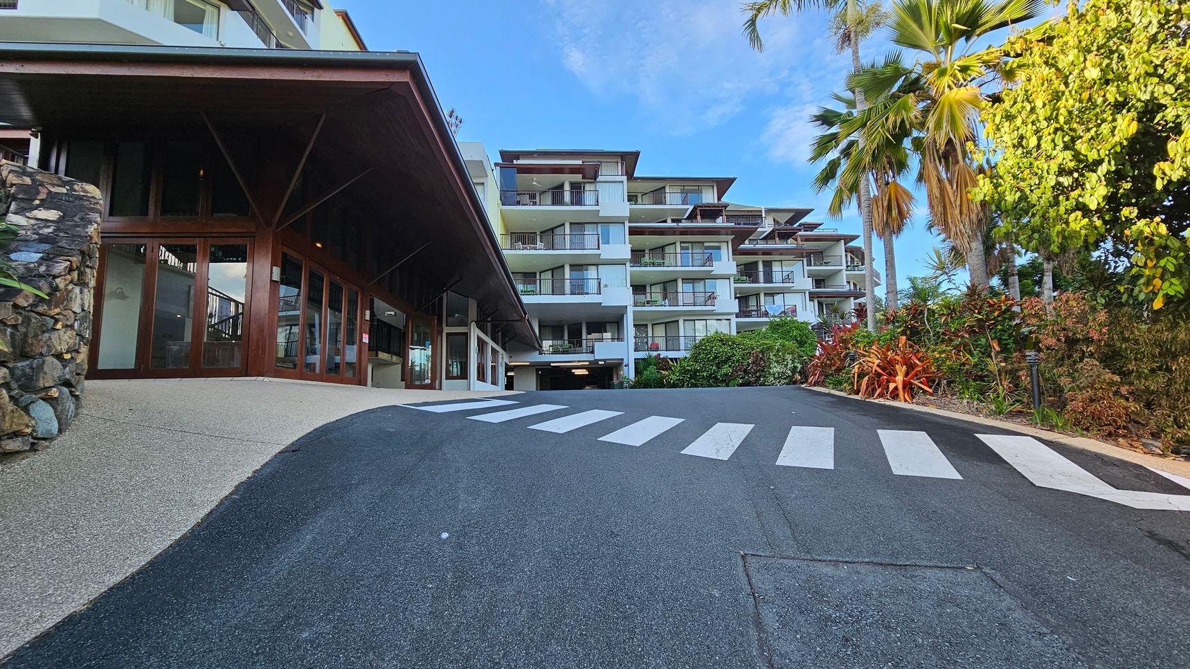 A paved road curves upwards, flanked by lush greenery and tall palm trees on both sides. On the left, a stone wall supports a garden with vibrant plants and a yellow caution sign. On the right, dense foliage and a small sign are visible. In the background, modern multi-storey buildings are partially obscured by trees. The road is smooth and well-maintained, with shadows cast by the trees.