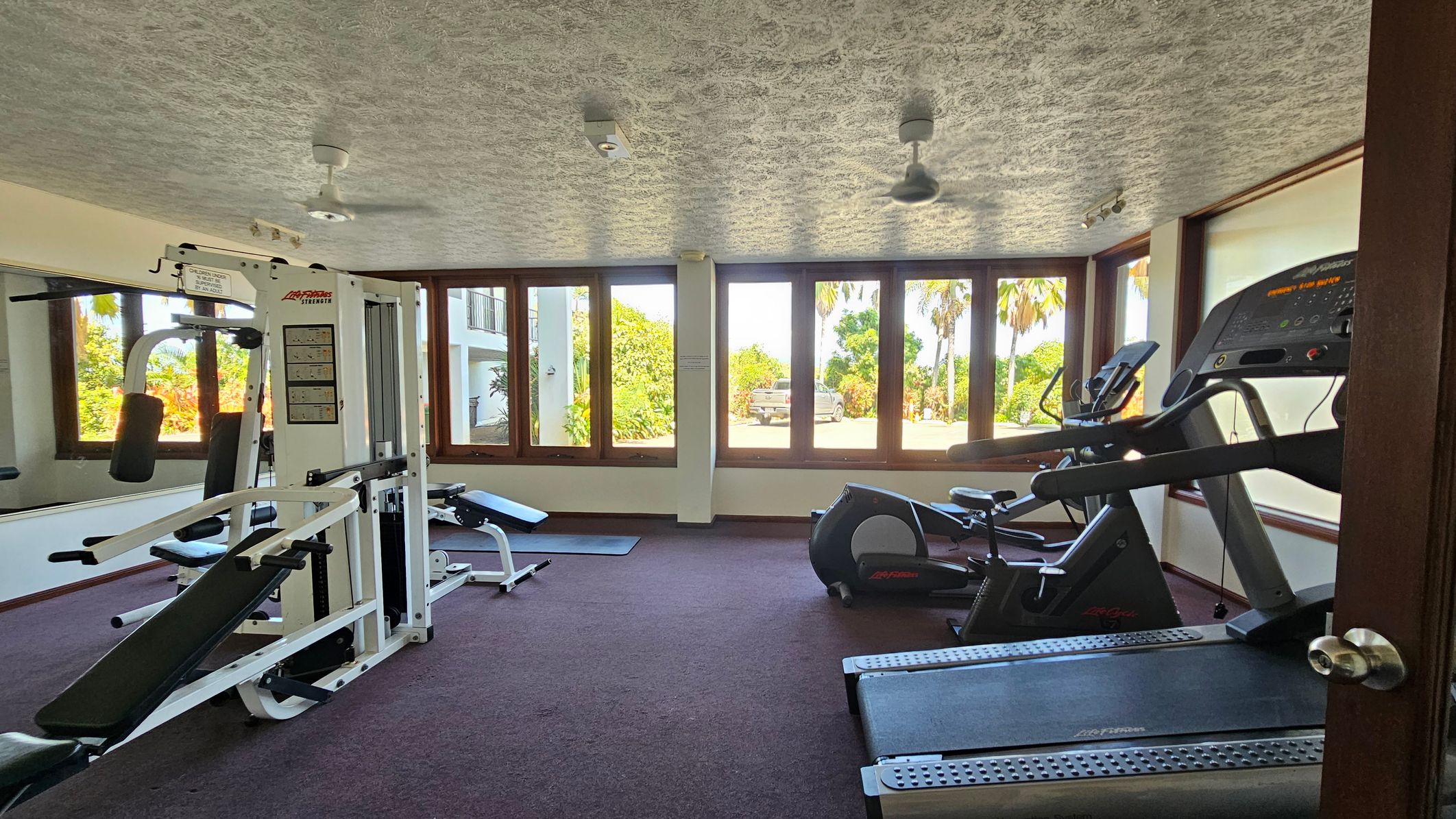 A gym room with a textured ceiling and dark carpeted floor. On the left, there's a multi-gym machine with various attachments. In the centre, a bench and exercise mat are visible. On the right, a treadmill and an exercise bike are positioned near large windows. The windows offer a view of greenery and a parked vehicle outside. Ceiling fans and lights are mounted above.
