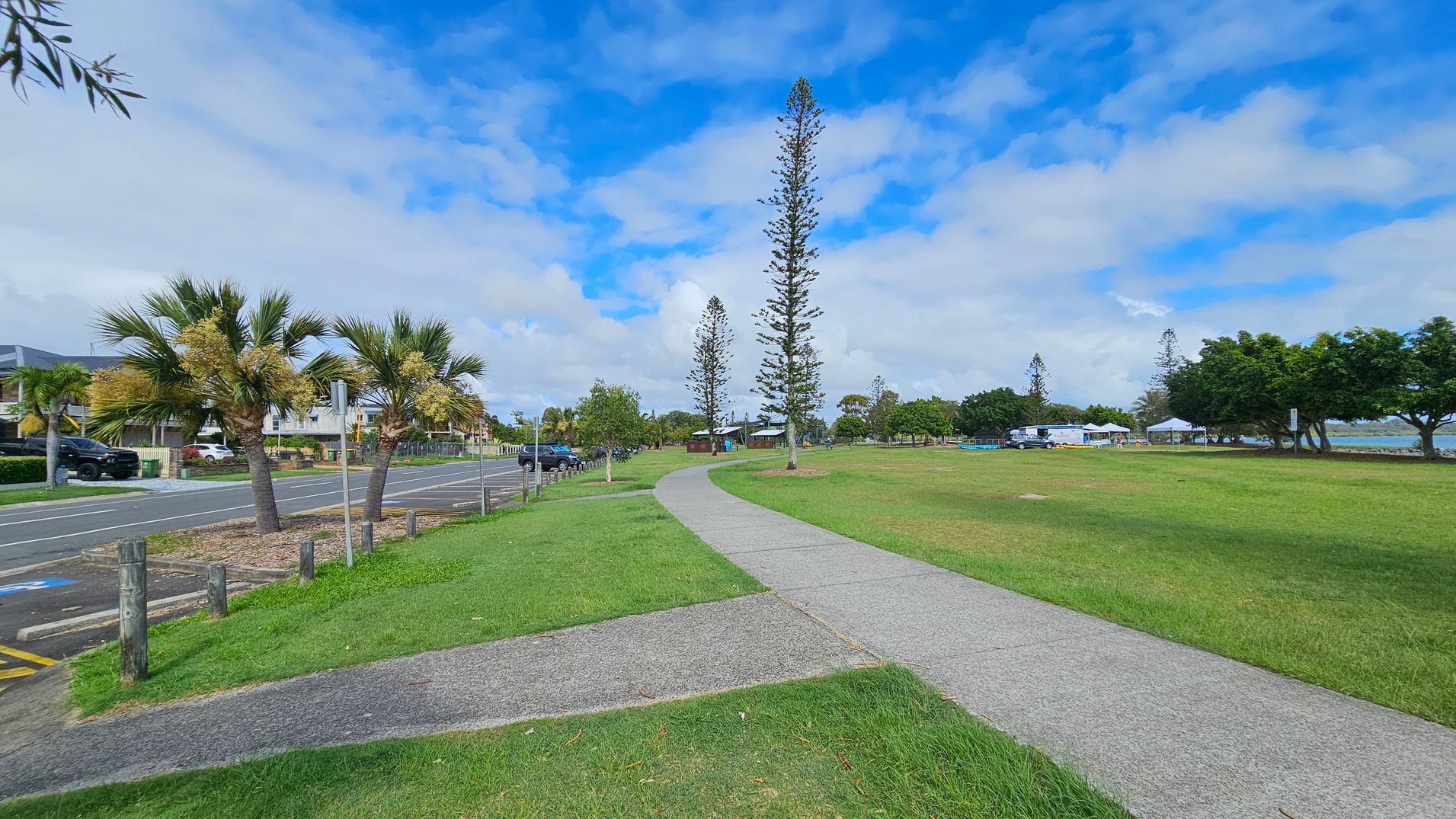 A paved path runs through a grassy park area, with tall, slender trees scattered throughout. On the left, there are palm trees lining a road with parked cars and residential buildings in the background. On the right, more trees and a few structures, including a tent and a vehicle, are visible. The scene is open and spacious, with a mix of greenery and urban elements.