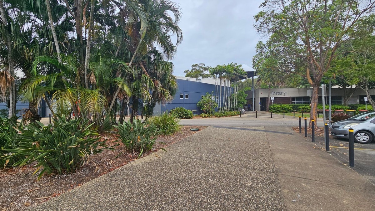 A pathway leads towards a building with a sign that reads "library" on the right. The building is surrounded by lush greenery, including tall palm trees and various shrubs. On the left, there is a dense cluster of palm trees and plants. A car is parked on the right side near the building. The ground is covered with a textured pathway and some concrete. The sky is overcast, and there are bollards lining the path.