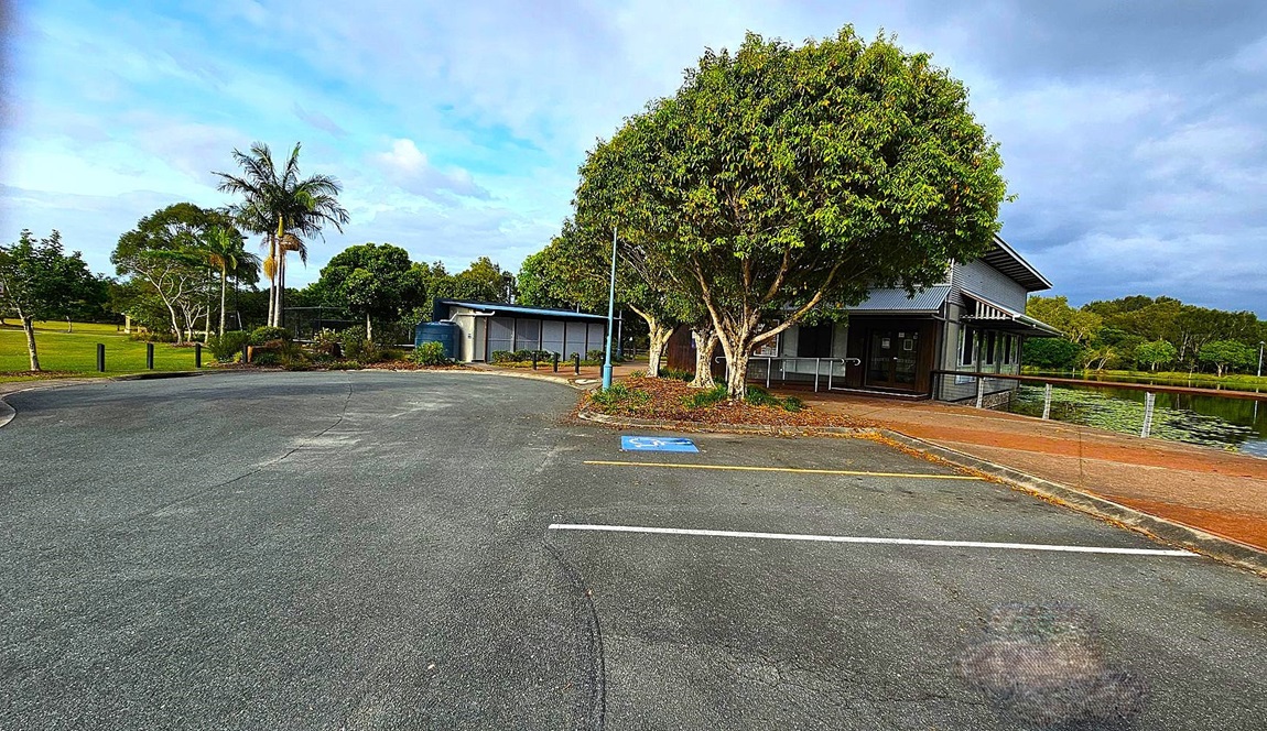A paved area with a disabled parking space in the foreground. A large tree with dense green foliage is in the centre, next to a modern building with a metal roof on the right. The building is adjacent to a body of water with a railing along the edge. On the left, there are palm trees and a grassy area with more trees in the background. A blue water tank is visible near the building.