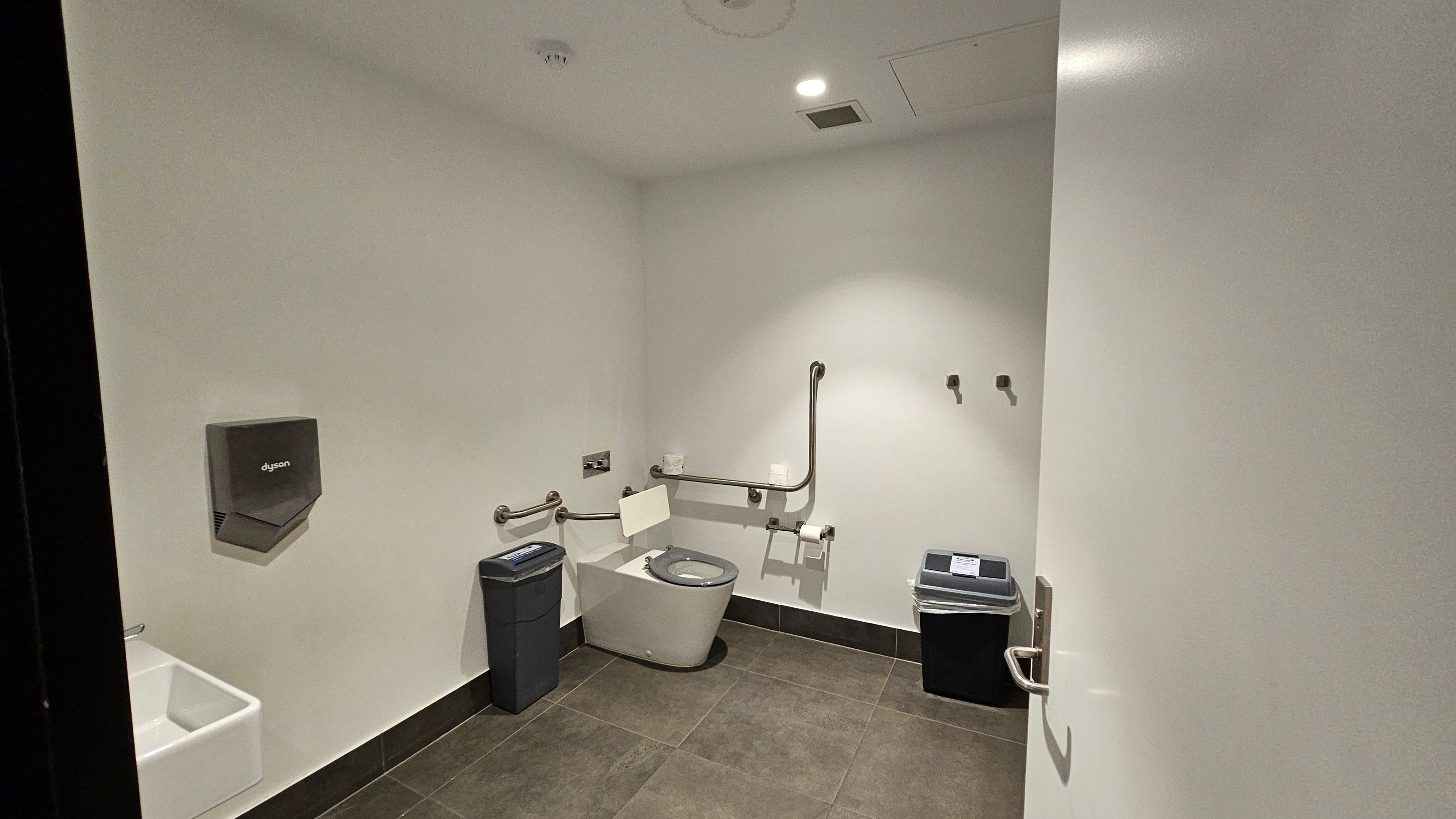 A public restroom with a light-coloured wall and dark floor tiles. On the left, a Dyson hand dryer is mounted above a small white sink. In the centre, a toilet with a grey seat is equipped with multiple support rails. A toilet roll holder and a small bin are nearby. On the right, a larger bin is placed against the wall. The ceiling has recessed lighting and a vent.