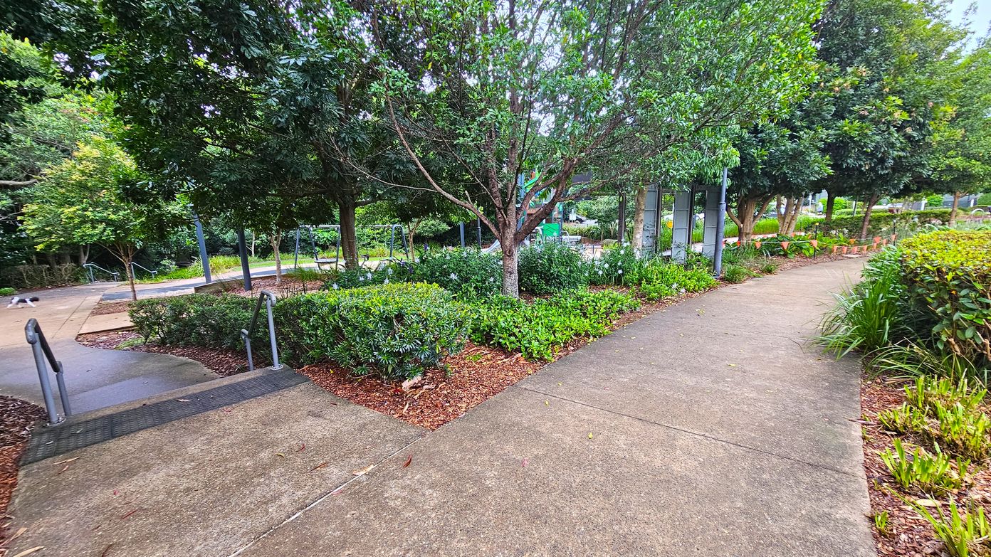 A park scene with a concrete path splitting into two directions. On the left, steps with metal railings lead downwards, surrounded by lush greenery and trees. In the centre, a tree is surrounded by bushes and plants. On the right, the path continues, bordered by more greenery and trees. In the background, playground equipment is partially visible. The ground is covered with mulch and leaves, and the area is shaded by the tree canopy.