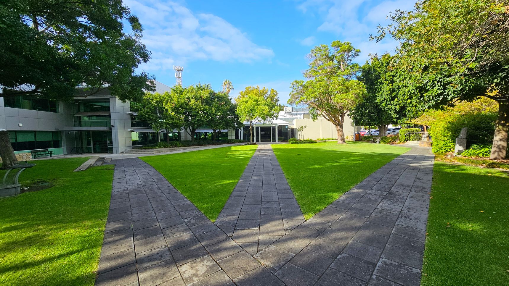 A landscaped area with a V-shaped paved pathway leading towards a building in the background. The building has large windows and is partially obscured by trees. On the left, there is a modern structure with glass and metal elements. The right side features dense greenery and parked cars partially visible through the foliage. The foreground is a well-maintained lawn bordered by the pathway.
