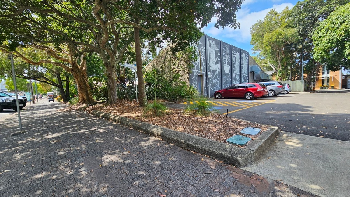 A paved footpath on the left is shaded by large trees with thick trunks and dense foliage. On the right, a parking area with several cars, including a red one, is adjacent to a building with a mural featuring abstract designs. The ground is covered with fallen leaves and mulch near the trees. In the background, more trees and a building with a yellow facade are visible.