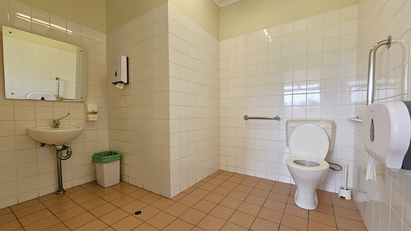 Inside the bathroom, to the left, there is a wash basin with a wall-mounted mirror. A tissue dispenser and a soap dispenser are affixed to the wall, with a rubbish bin underneath. To the right, there is a toilet bowl equipped with handrails. A tissue roll dispenser is also mounted on the right wall. The walls have white tiles, and the floor is made of peach tiles.