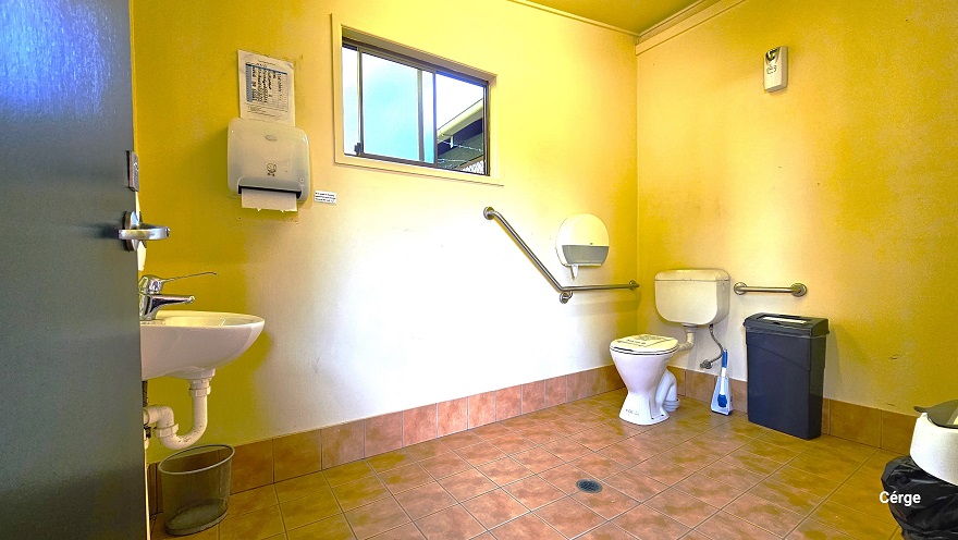 Inside the accessible bathroom in Dayboro Pool and Gym. It has brown floor tile with a faded effect and a white painted wall. The bathroom has a wash basin, two tissue dispensers, grab bars, a toilet brush, and a black garbage bin. On the upper left wall is a glass window for illumination and air circulation.