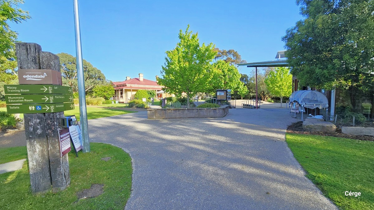 A concrete pathway branching out in two directions. The left pathway leads to the Plant Nursery, and the other leads to Edendale's entrance. In the middle, a plant box is surrounded by trees and ornamental plants, with signage placed underneath. A concrete structure on the left features directional signages and posters. A section of the building entrance is visible to the right, along with a shaded seedling box. The area is surrounded by neatly maintained grass.