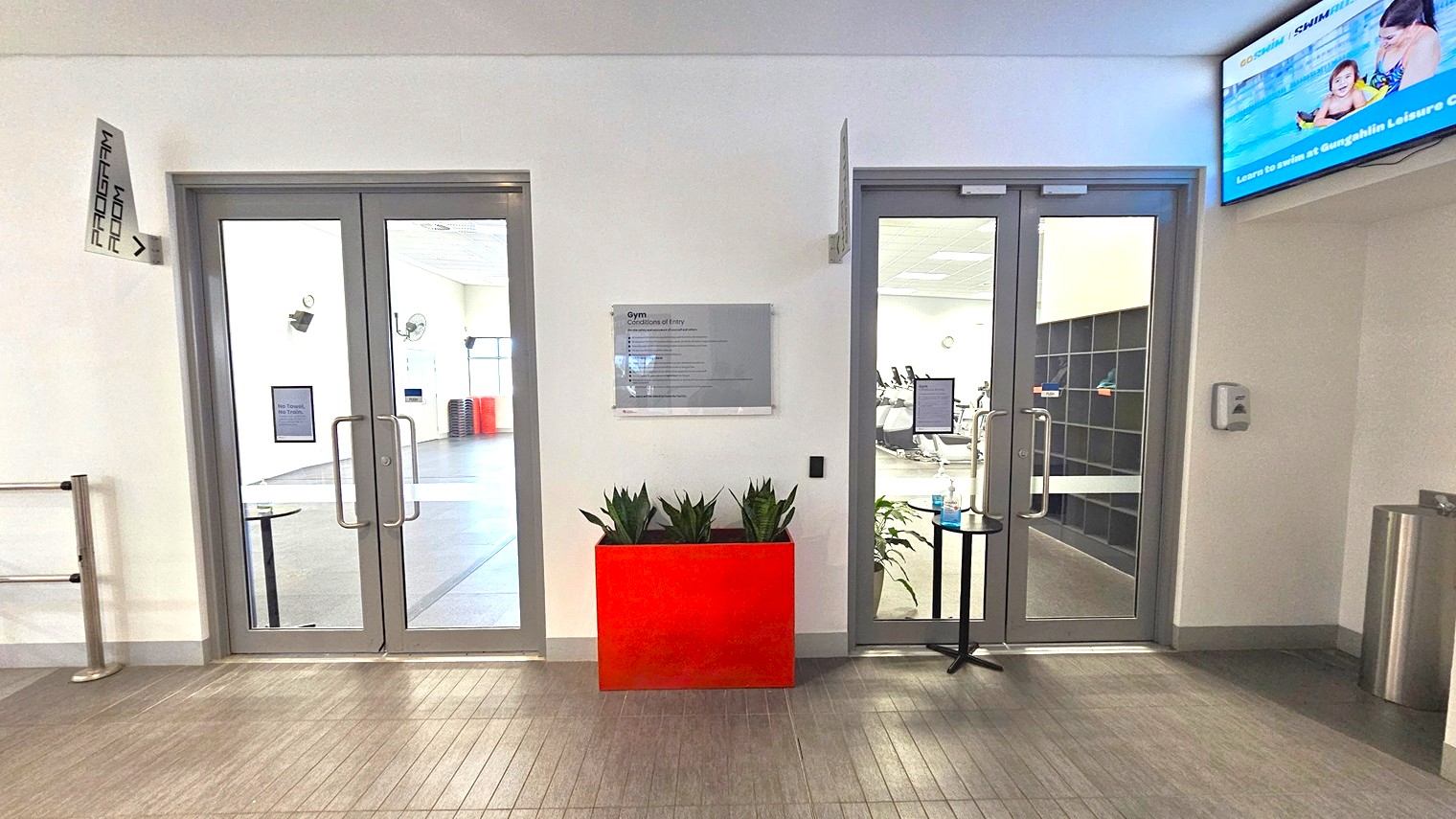 Two glass doors, each labeled, stand side by side. The left door grants access to the Program Room, while the right one leads to the Fitness Room. Inside, storage racks and machines are visible. Between the doors, a red plant with an indoor plant to its right stands atop a stool, holding a poster. A flat-screen TV is mounted on the upper right, above a rubbish bin. An alcohol dispenser is affixed to the wall, alongside posters. The floor has grey carpets and the ceiling and walls are all white.