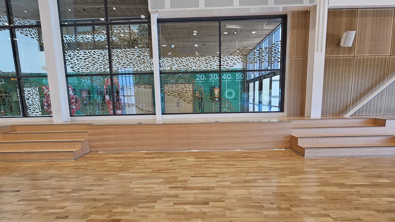 The stadium features timber floors marked for various ball games. The right walls have timber designs with mounted audio speakers. The middle glass features a foliage-shaped design in gold. There are two sets of tiered timber seatings positioned against the glass wall.