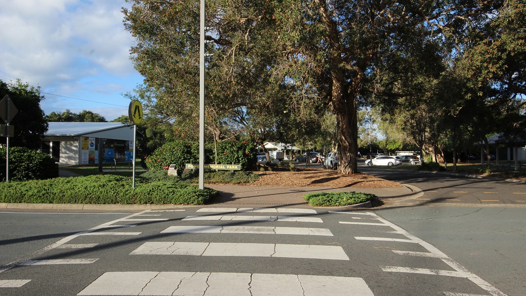 A zebra crossing leads to a path surrounded by greenery and a large tree in the centre. On the left, there's a building with a white roof partially visible behind bushes. A tall streetlight stands near the tree. In the background, several parked cars are visible among more trees. The road surface is smooth, and the area is well-lit, suggesting a sunny day.