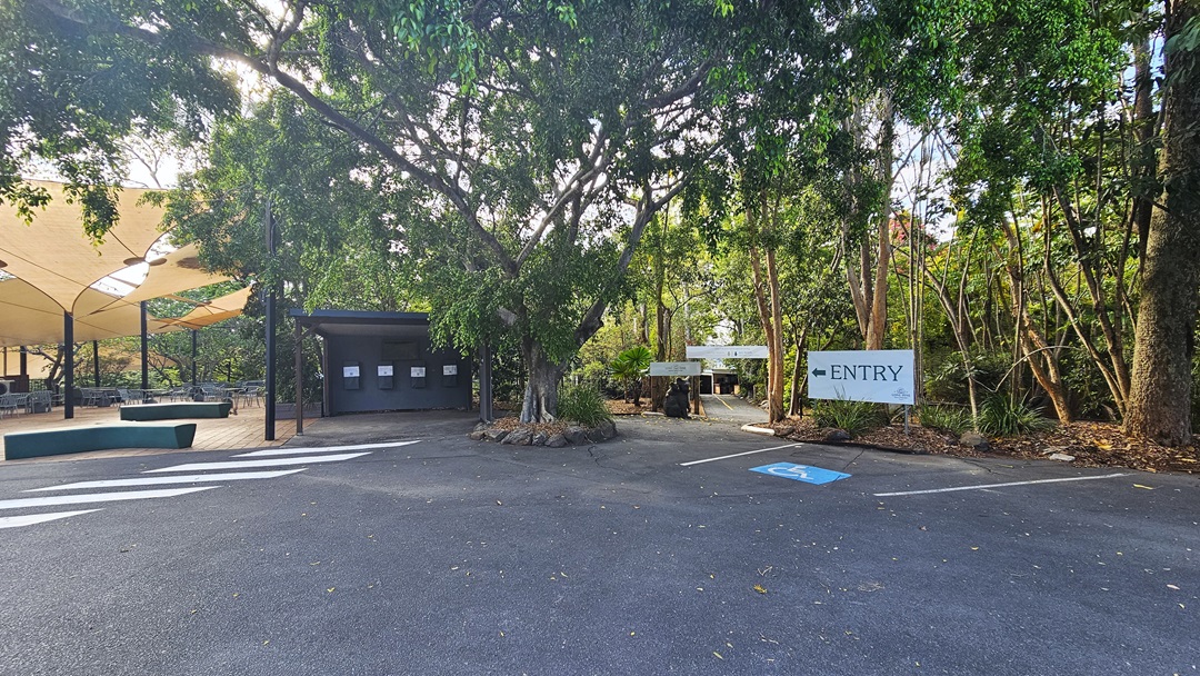 Inside the accessible parking spaces. On the left side, close to the white road markings, the wide cream shades cover an outdoor seating area. The ticketing office area is situated at the back of a massive tree with its bottom surrounded by rocks. Near the entry signage, the International Symbol of Access logo that indicates the space is for persons with mobility disabilities is noticeable. Further ahead is the entrance to the ticketing office.