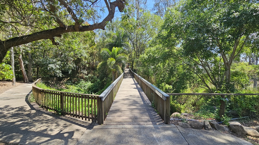 A lengthy foot bridge. The slender structure is adorned with wooden railings and a wooden floor surface. To the left, the wooden barriers clearly fenced a lush section adorned with decorations. On the right, expansive steel railings prominently enclose an area abundant with trees and grass.