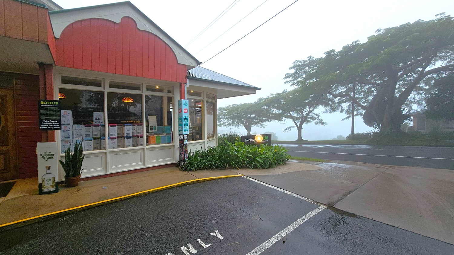 A small shop with a red and white facade is on the left, featuring large windows displaying various posters and signs. A signboard with "Bottler" is visible. In front, there are potted plants and a small garden area. The road curves to the right, bordered by lush green trees shrouded in mist. The pavement is wet, suggesting recent rain, and the word "ONLY" is painted on the dark asphalt. Overhead, power lines stretch across the scene.