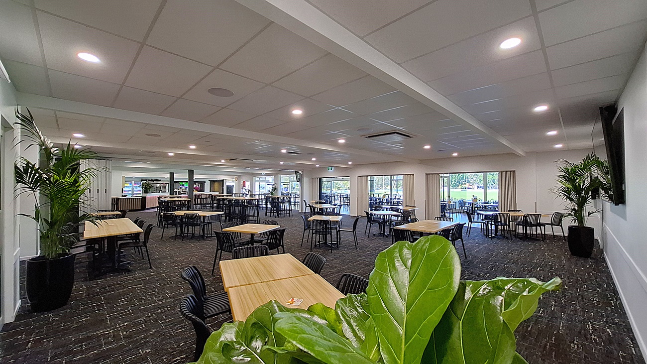 On the left, a large potted plant adds greenery beside a white wall. Several wooden tables with black chairs are arranged across the dark carpeted floor, creating a dining area. In the centre, the space is open, with more tables visible, and a bar counter can be seen in the background. To the right, large glass doors lead outside, framed by light curtains, allowing natural light to fill the room. The ceiling is white with recessed lighting.