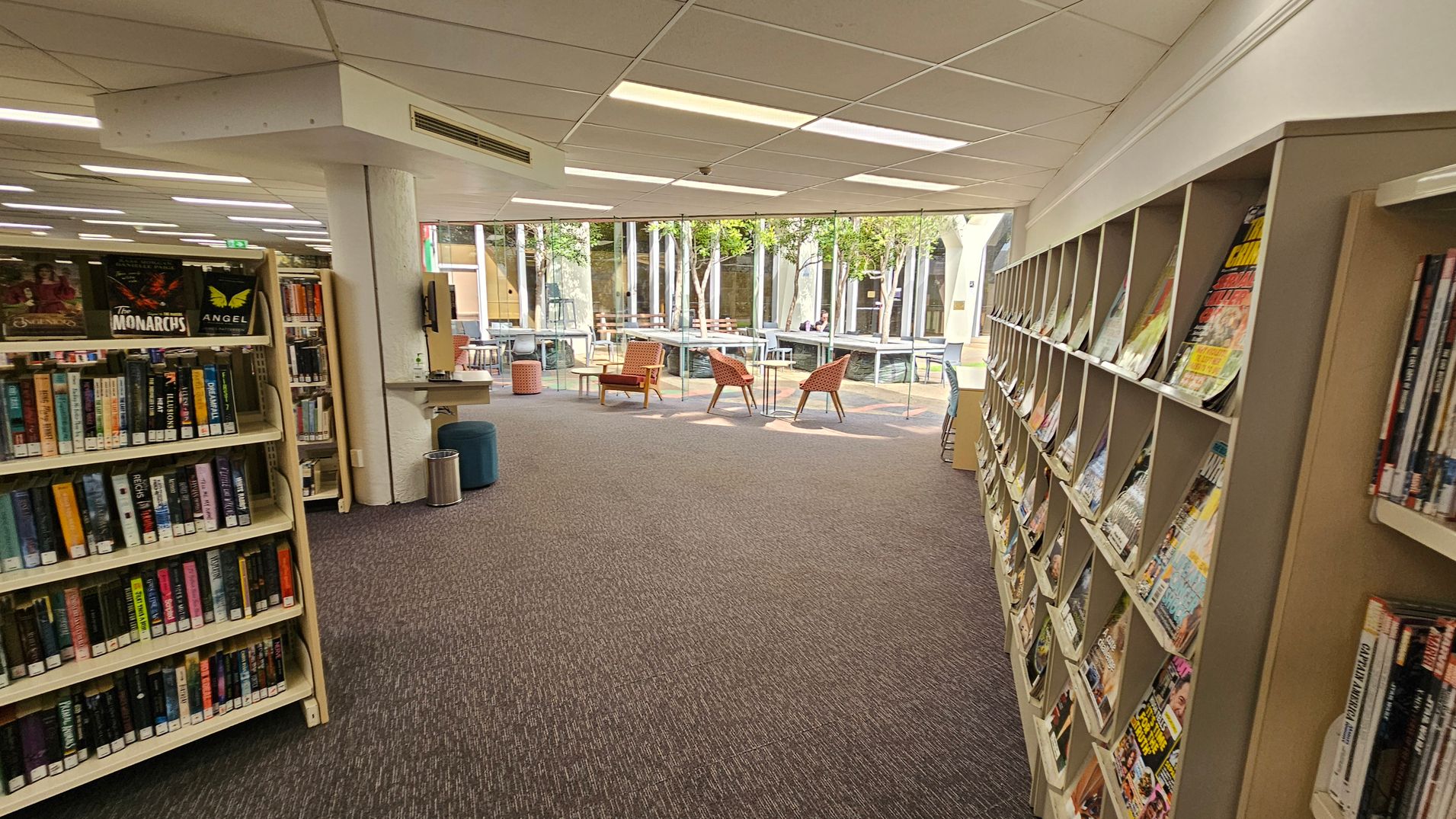 A library interior with bookshelves on both sides. On the left, shelves are filled with books, including a visible title "Goddess Crown". On the right, shelves hold DVDs and magazines. The floor is carpeted in a dark colour, and the ceiling has rectangular light panels. In the background, large windows reveal an outdoor area with trees and a few chairs and tables.