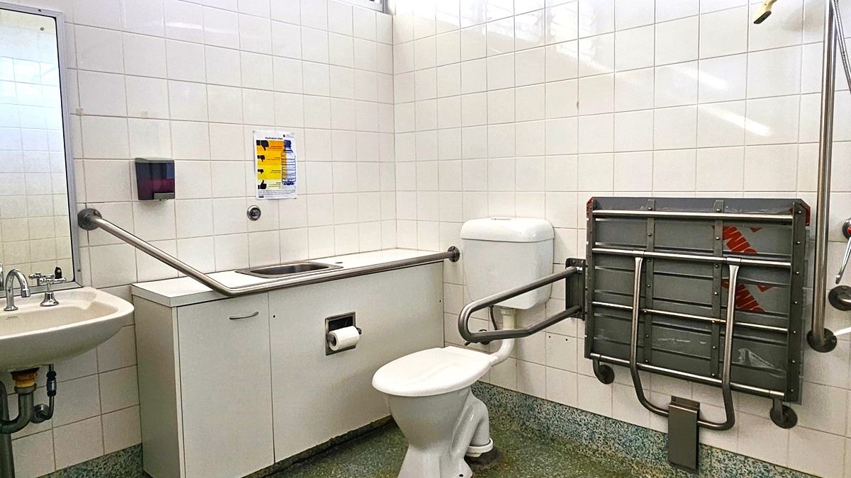 On the left, there is a white sink with a mirror above it, a soap dispenser, and a grab bar. On the right, there is a folded wall-mounted changing table with safety straps. In the middle, there is a white toilet with grab bars on both sides and a white cabinet with a built-in sink and a paper towel dispenser above it. The floor is speckled green, and the ceiling is white with fluorescent lights.