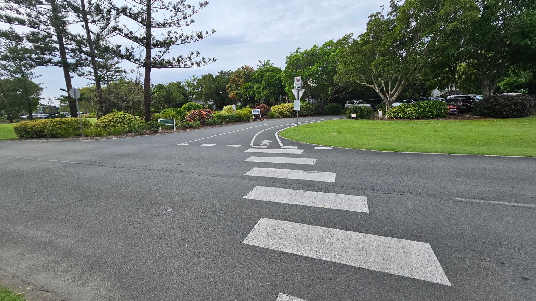 A pedestrian crossing with white stripes is in the foreground on an asphalt road. To the left, there are tall trees and bushes. On the right, a grassy area with more trees and parked cars is visible. In the centre, a road curves to the right, with traffic signs and more greenery in the background.