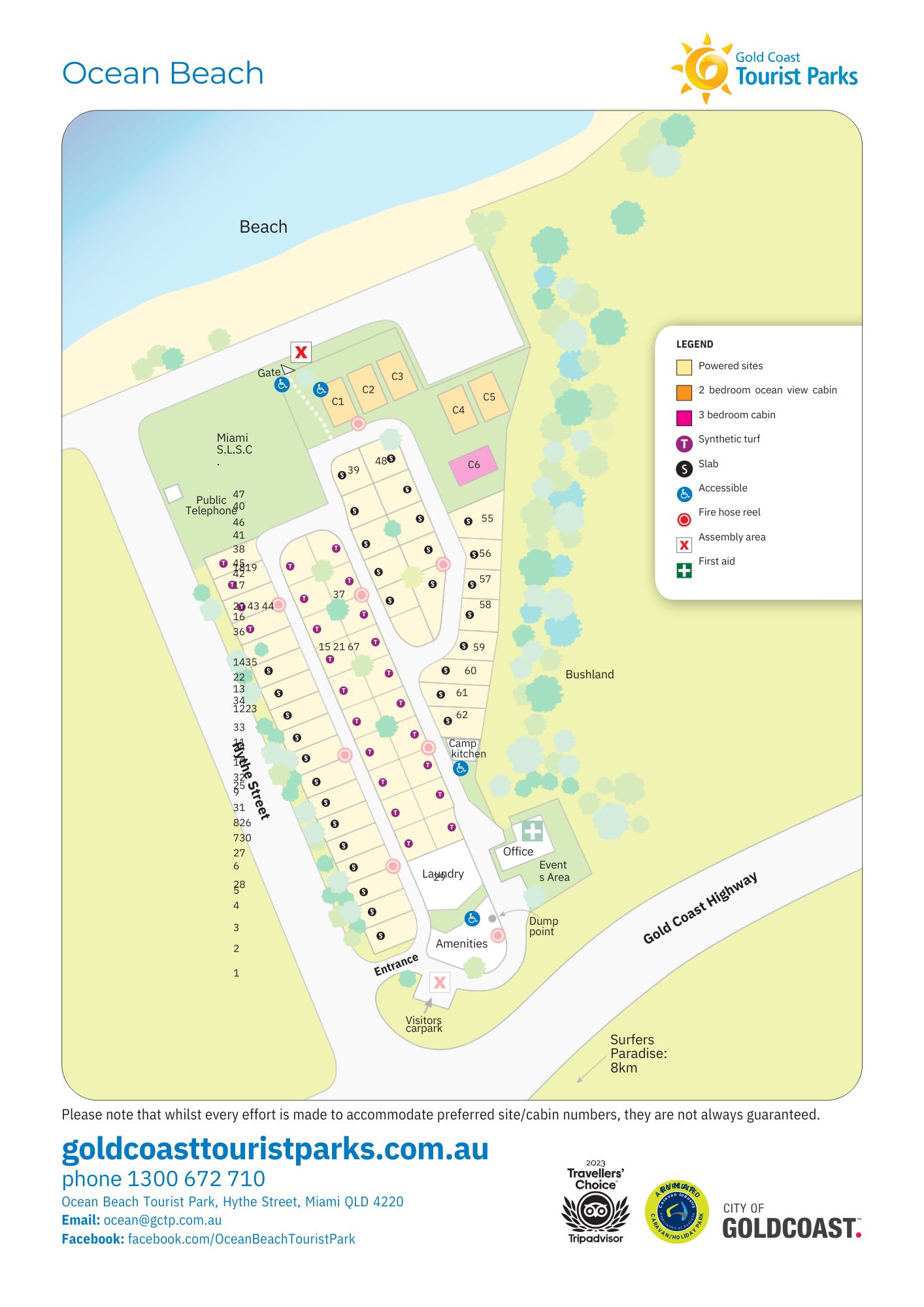A site map of Ocean Beach Tourist Park. A map legend is visible on the left side. The image depicts the locations of cabins and accessible areas.