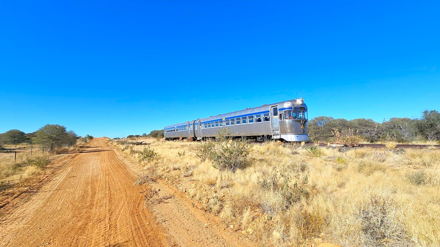 A silver train with multiple carriages is on the right, travelling on a railway track through a dry, grassy landscape. The foreground features sparse vegetation and a dirt path running parallel to the train. In the background, there are scattered bushes and small trees under a clear blue sky.