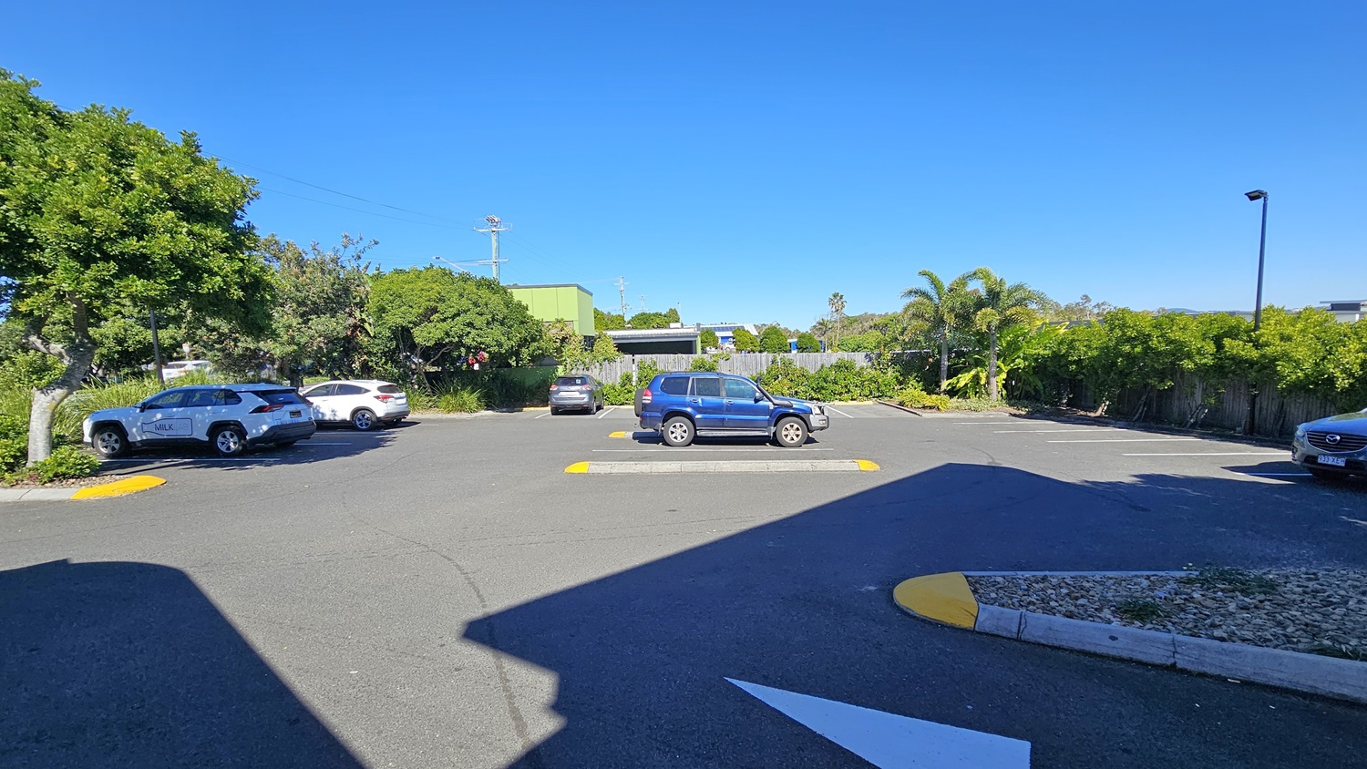 On the left, there are several parked cars next to a landscaped area with trees and bushes. On the right, there is a single parked car near a fence lined with greenery and a tall lamp post. In the middle, there is an asphalt parking lot with a speed bump and a few more parked cars. The background features more trees, bushes, and a green building.