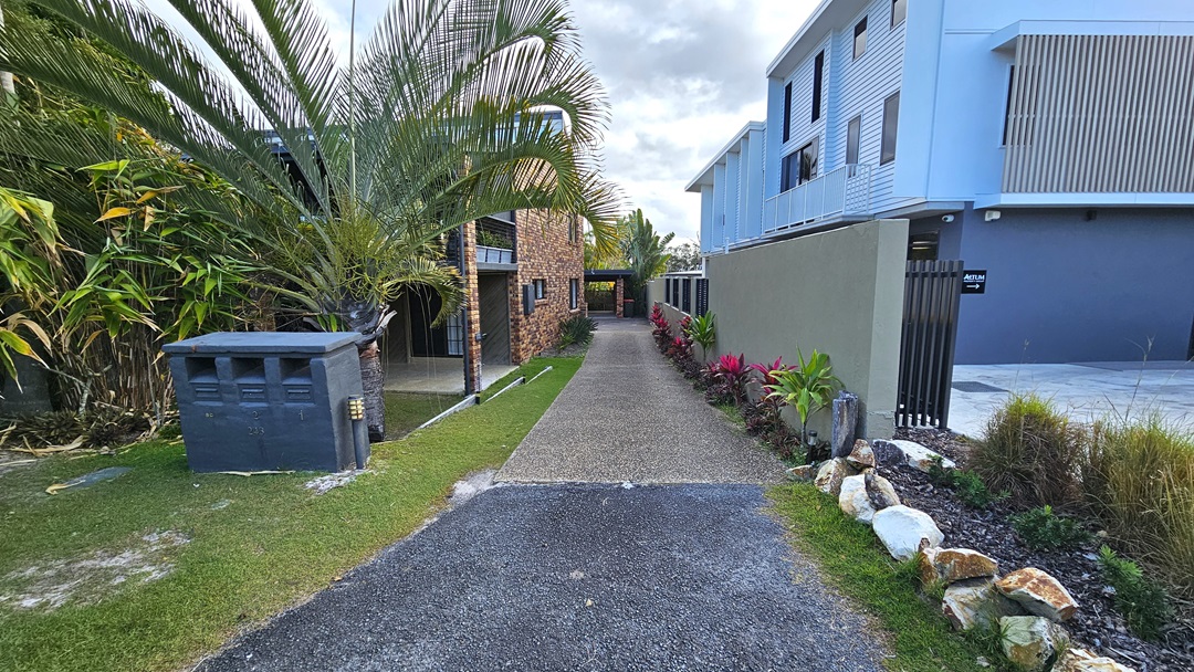 On the left, there is a paved footpath and a road with a green utility pole. In the middle, there is a brick house with large windows and a driveway leading to a garage. On the right, there are tall palm trees and dense greenery surrounding the house. The foreground features a mix of grass and a paved driveway.