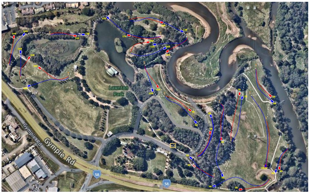 Map of the disc golf course at Pine Rivers Park with both blue and red lines showing the course outline.