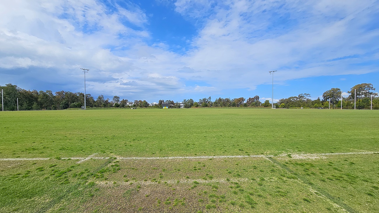 On the left, a row of tall floodlights stands beside the edge of a large, open grassy field, which is well-maintained and predominantly green. The ground is flat, with some areas showing signs of wear. To the right, a cluster of trees provides a natural border, and further back, a small building is visible, likely serving as a facility for the field. The foreground is entirely grass, while the background features the trees and building.