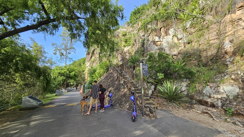 To the right are concrete steps with handrails, connected to the cliff. Two individuals, a man and a woman, accompanied by a brown dog, stand nearby. The road is bordered by trees and concrete light fixtures. Two purple scooters are parked near the stairs. A directional sign is positioned at the bottom of the steps. Wild grass and trees hang from the cliff.
