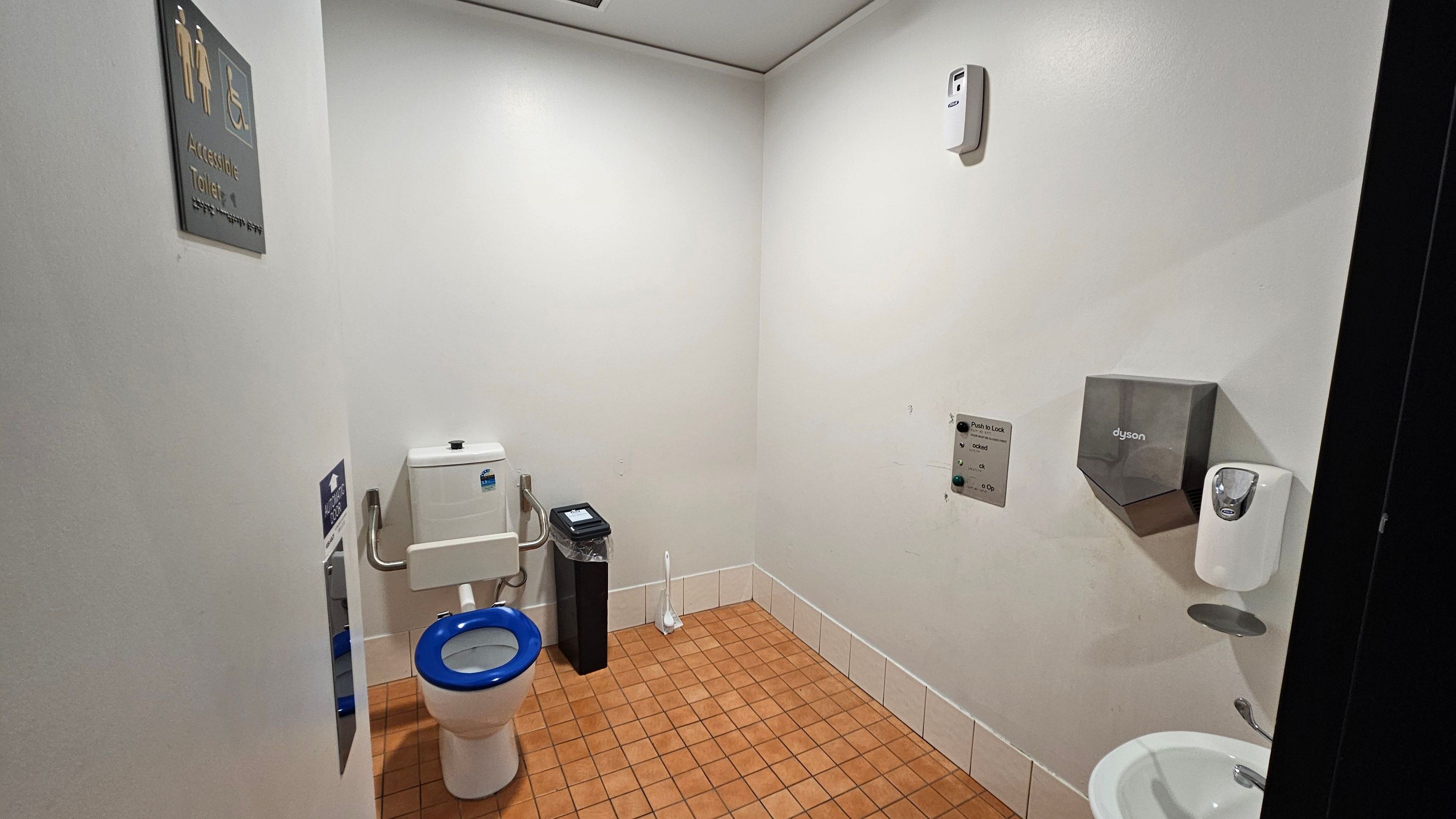 An accessible toilet with a white and blue toilet on the left, equipped with support rails. A bin and toilet brush are nearby. On the right, a Dyson hand dryer and a soap dispenser are mounted on the wall above a small sink. The floor is covered with brown tiles, and the walls are plain white. A sign indicating "Accessible Toilet" is visible on the left wall. The ceiling is plain with a light fixture.