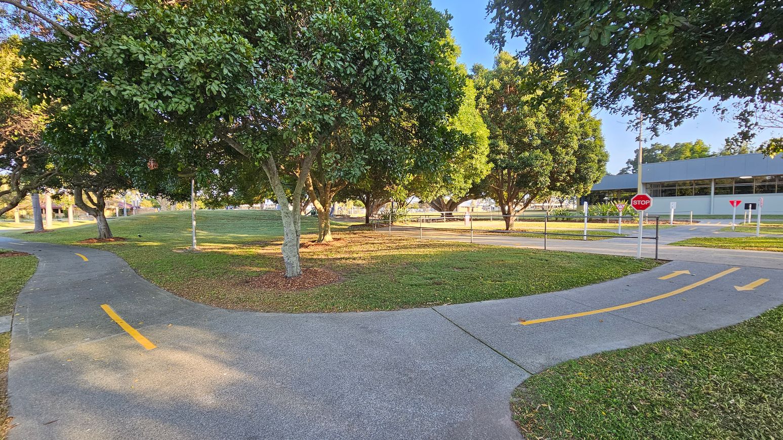 A park scene with a winding path in the foreground, marked with yellow lines. The path splits into two directions, with a stop sign on the right. Lush green grass and several large trees with dense foliage are in the middle. In the background, a grey building with large windows is visible, along with more trees and a few road signs. The area is well-lit, suggesting daylight.