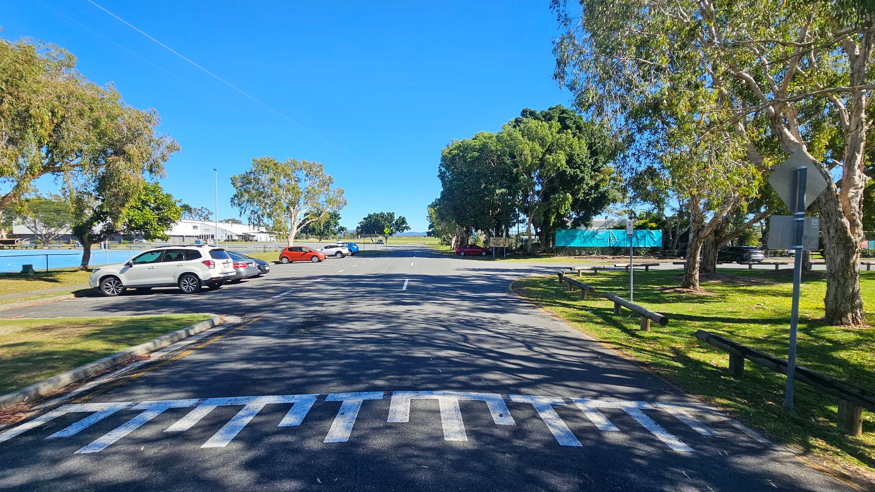 A car park with several vehicles, including a white SUV and a red car, is visible. Trees line both sides, casting shadows on the asphalt. On the left, a body of water is partially visible behind the cars. On the right, a grassy area with more trees and a signpost. In the background, more trees and a glimpse of a distant landscape. The road has a painted pedestrian crossing in the foreground.