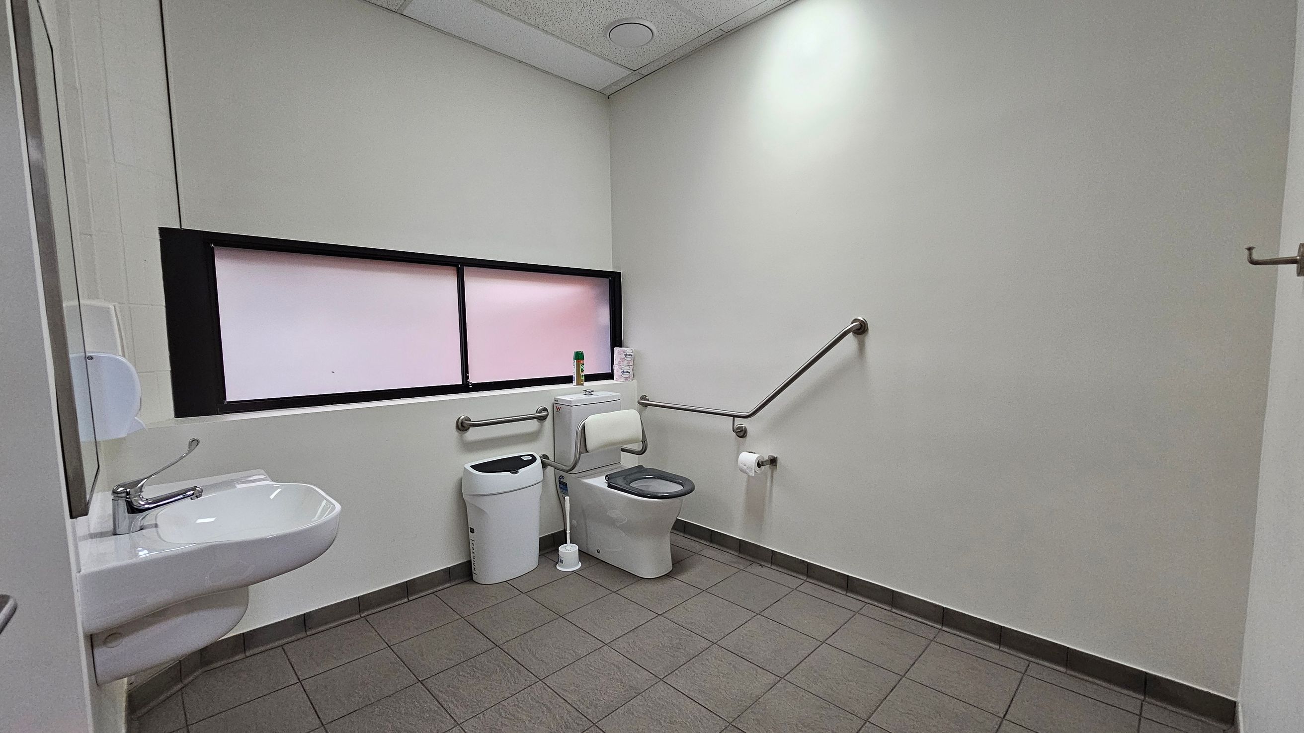 A public restroom with grey tiled flooring and a white ceiling. On the left, a white sink with a silver tap is mounted on the wall, accompanied by a soap dispenser. In the centre, a toilet with a grey seat is positioned next to a sanitary bin and a toilet brush. Above the toilet, a window with frosted glass is visible. Grab bars are installed on the walls near the toilet, and a toilet roll holder is mounted on the right wall.
