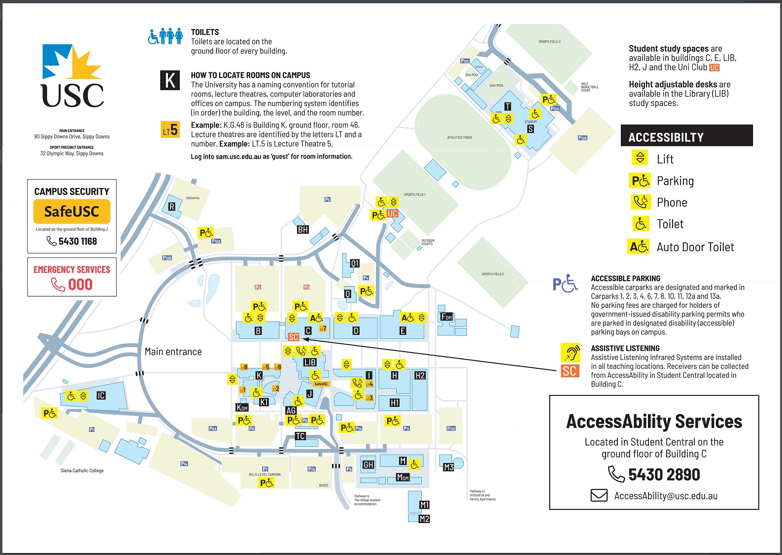 A detailed campus map of the University of the Sunshine Coast (USC) is prominently displayed, featuring the USC logo at the top left, followed by a "Campus Security" section with essential contact information.
