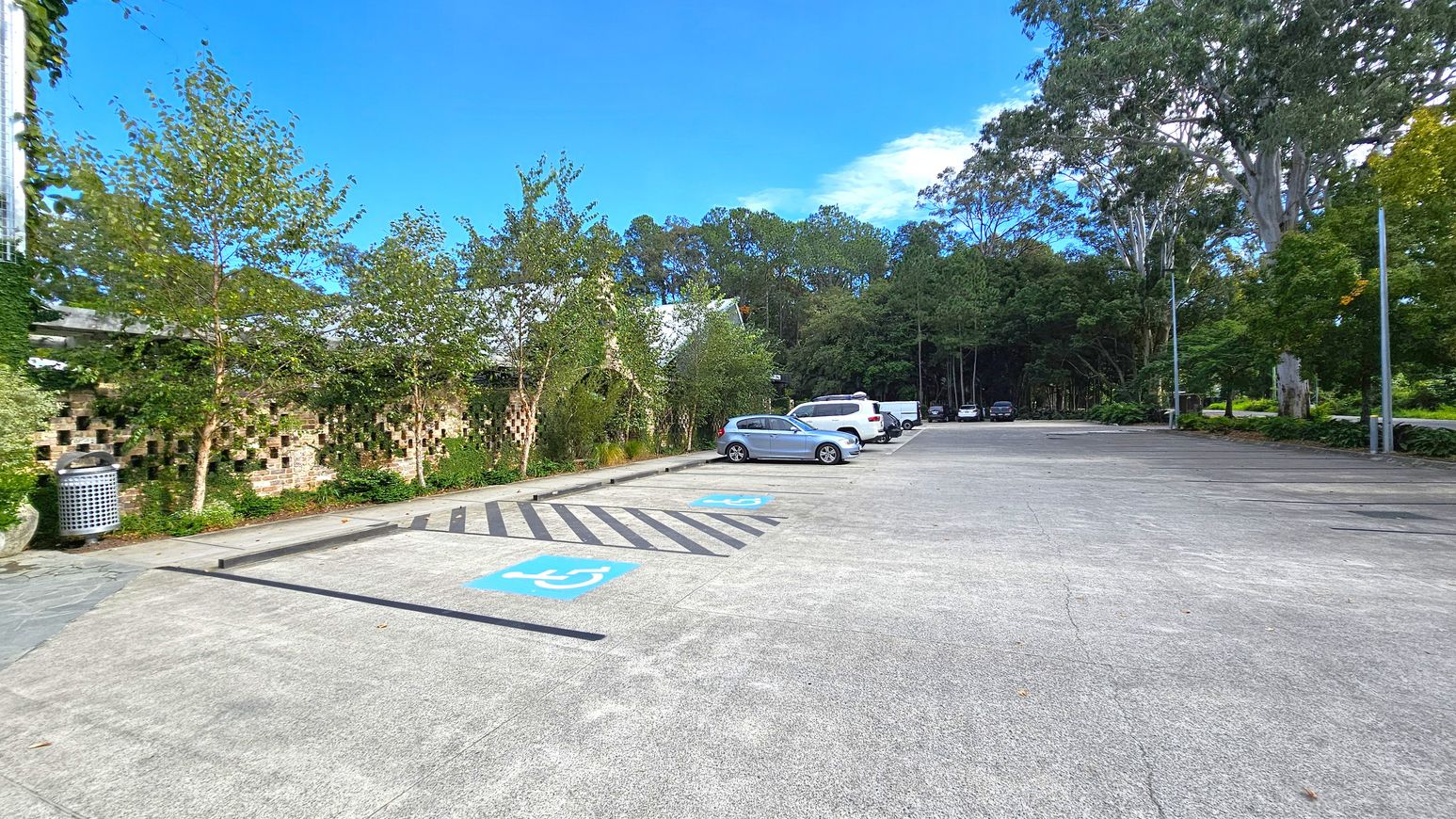 A car park with several vehicles on the right, including a silver car and a white van. The foreground has marked disabled parking spaces with blue symbols. On the left, there is a brick wall with small square openings, partially covered by greenery and trees. A metal rubbish bin is near the wall. The background features tall trees and a wooded area, with a few streetlights along the edge of the car park. The ground is paved with concrete.