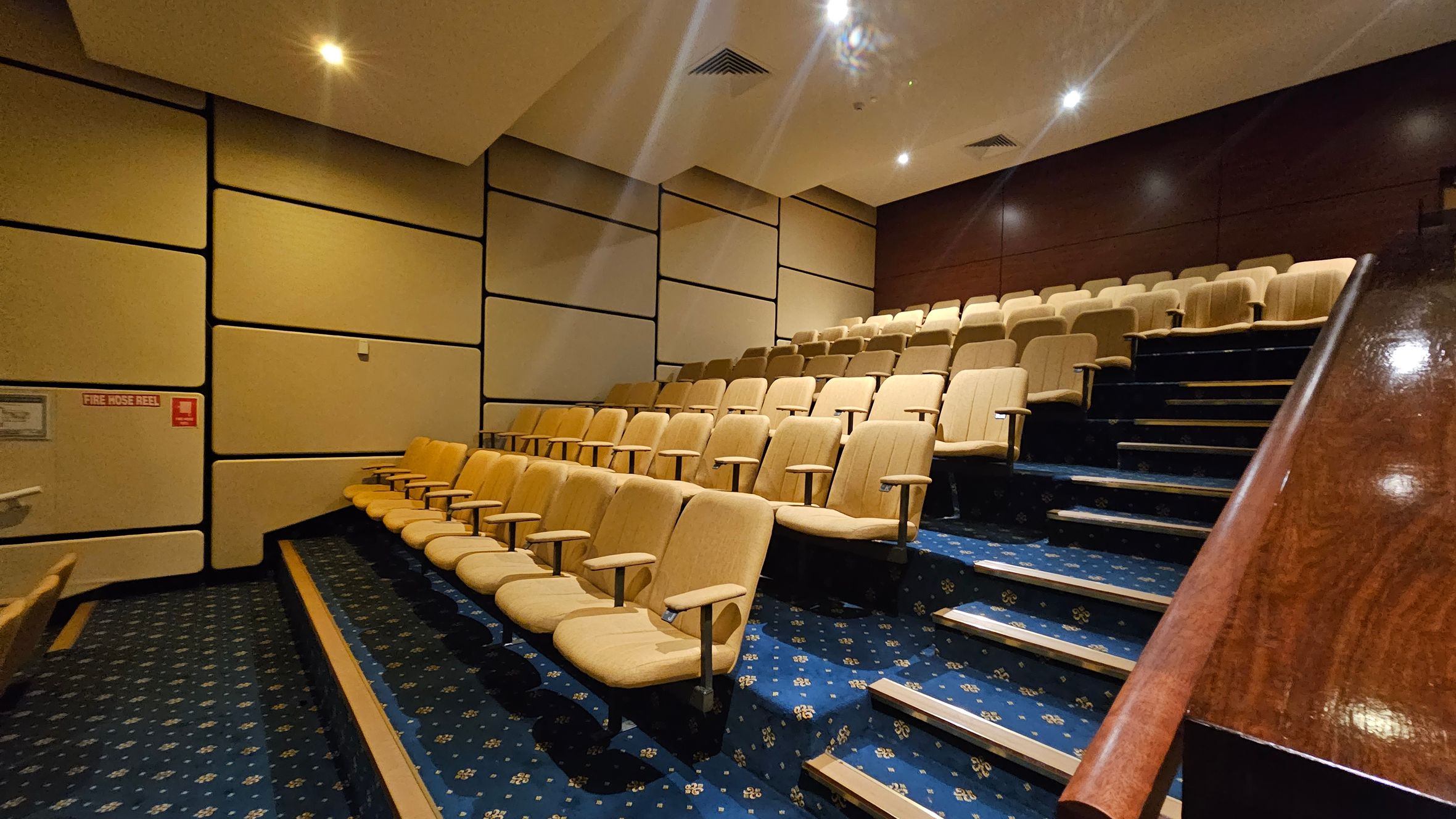 A small auditorium with tiered seating. Beige upholstered chairs are arranged in rows on a blue carpet with a floral pattern. The left wall is covered with large, rectangular acoustic panels, and a fire hose reel sign is visible. The right side features a wooden handrail along the stairs. The ceiling is angled with recessed lighting.