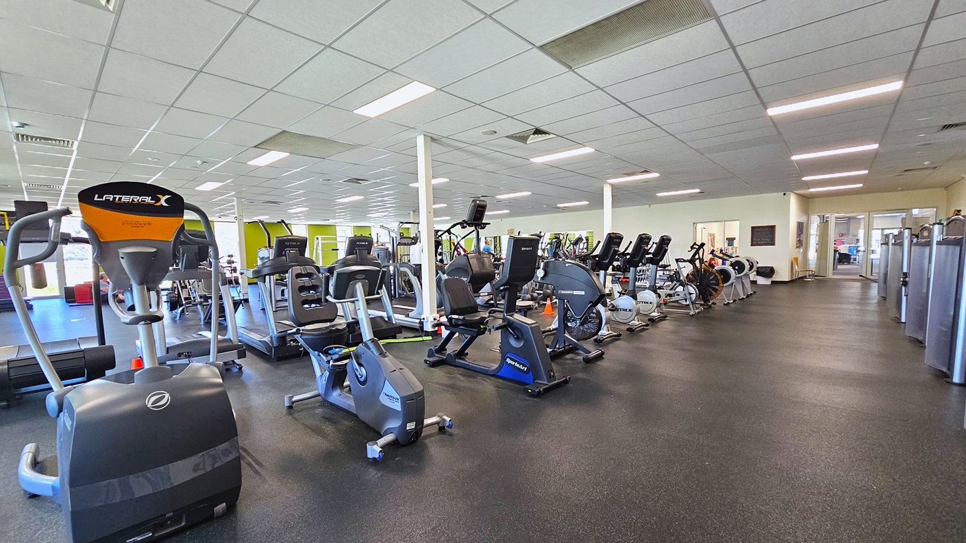 In the central area, machines such as Chest Press, overhead, and rowing machines are arranged. The floor is surfaced with rubber tiles, and the ceiling exhibits a white porous design with centralized air conditioning. On the right, additional machines are lined up. Towards the far end, a green wall is enhanced by floor-to-ceiling windows. Rubber mats are laid across the floor, and the ceiling, featuring a porous design, is illuminated by fluorescent lights.