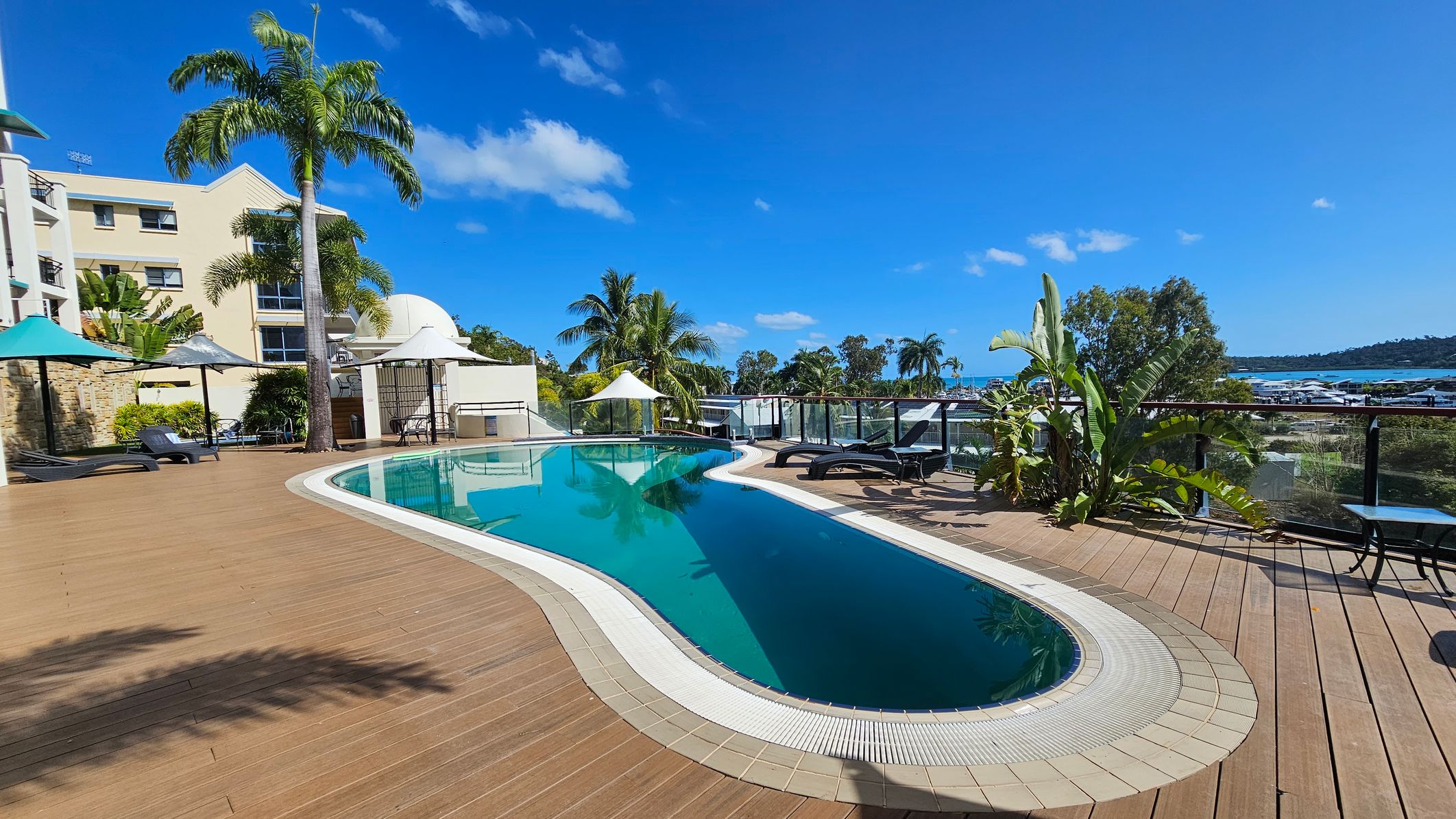 A swimming pool with a curved shape is surrounded by a wooden deck. On the left, there are sun loungers and umbrellas near a multi-storey building with palm trees. On the right, more loungers and tropical plants are visible, with a glass railing overlooking a marina and distant hills. The pool reflects the clear blue sky.